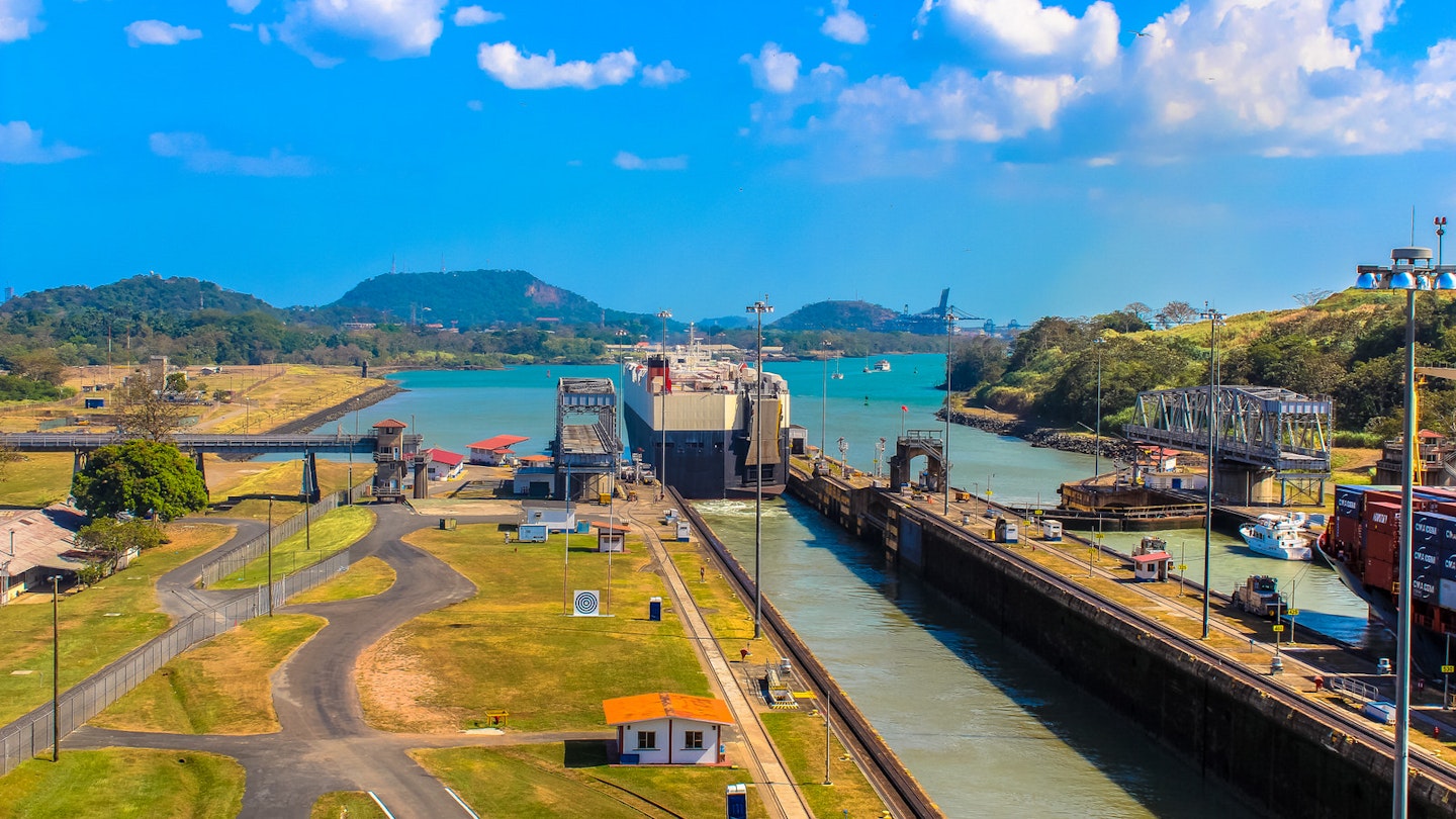 A container ship is completing its passage through the Panama Canal. The ship is headed to the Pacific ocean. Mitchell Christopher/500px