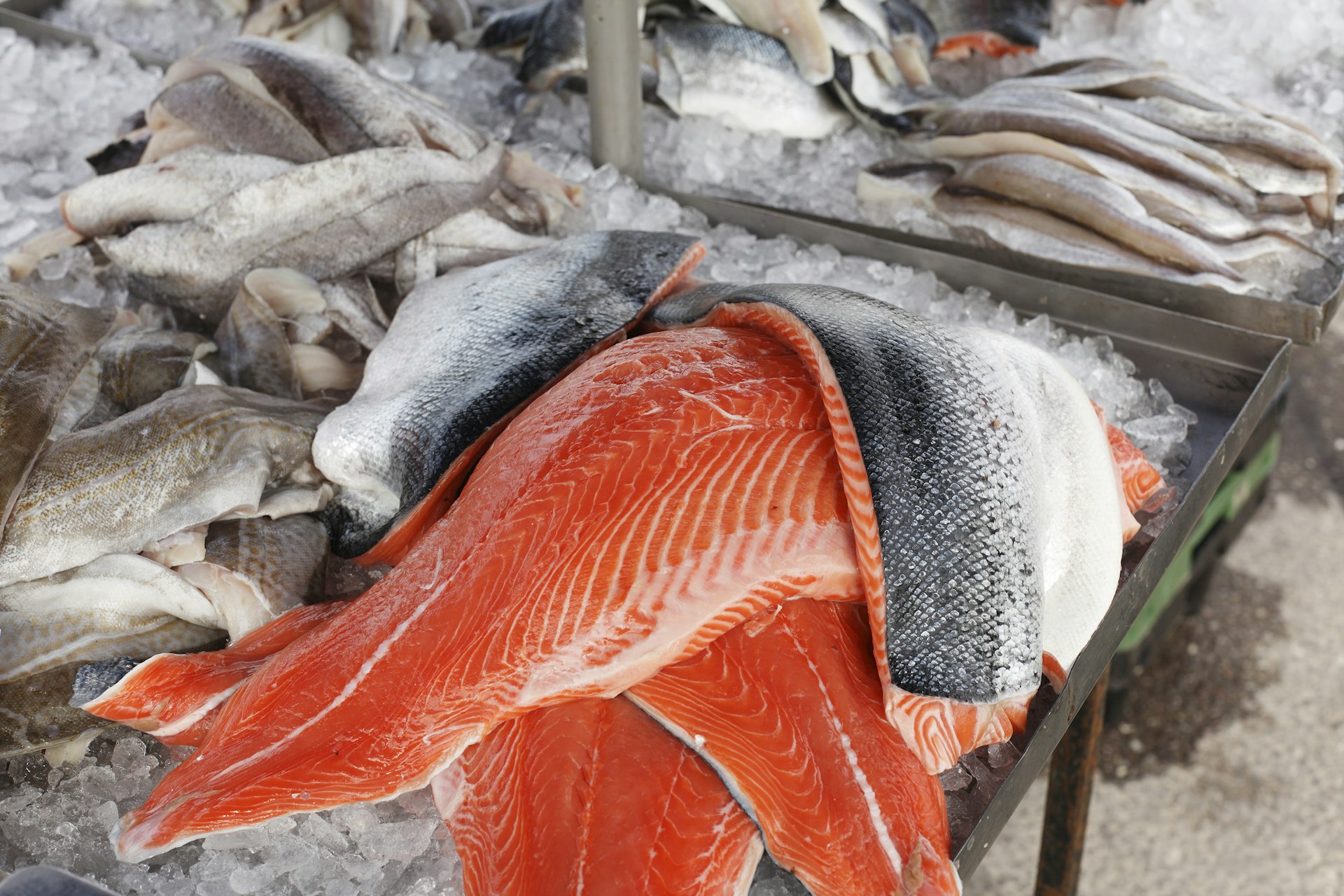 Features - Salmon and other kinds of fish, market stall, Sneem, Ring of Kerry, County Kerry, Ireland, British Isles, Europe