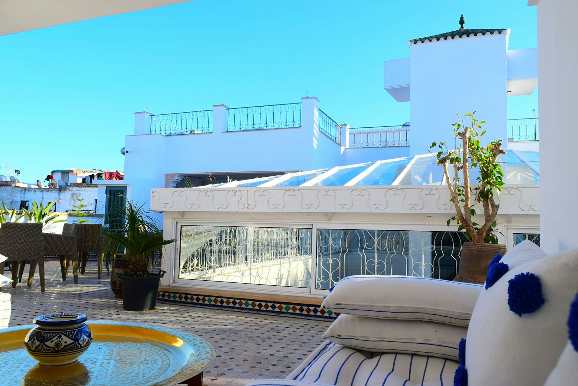 Terrace at Palais Zahia, Tangier, Morocco. Image by Jessica Cherkaoui / Lonely Planet