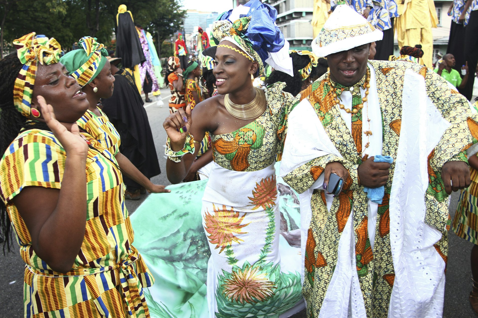 Camille Fraser (second from left) and Kendell Ettienne portray a queen and king at the annual Emancipation Day heritage celebration on August 1, 2014 in Port of Spain, Trinidad. Sean Drakes/LatinContent/Getty Images