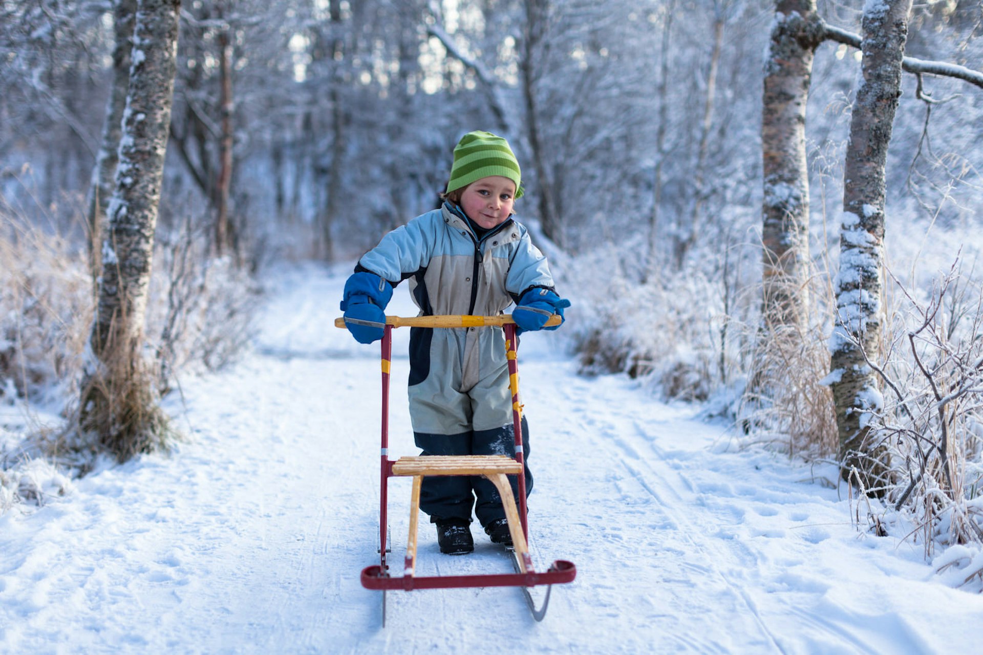 A boy pushing a sled in the snow in Norway 