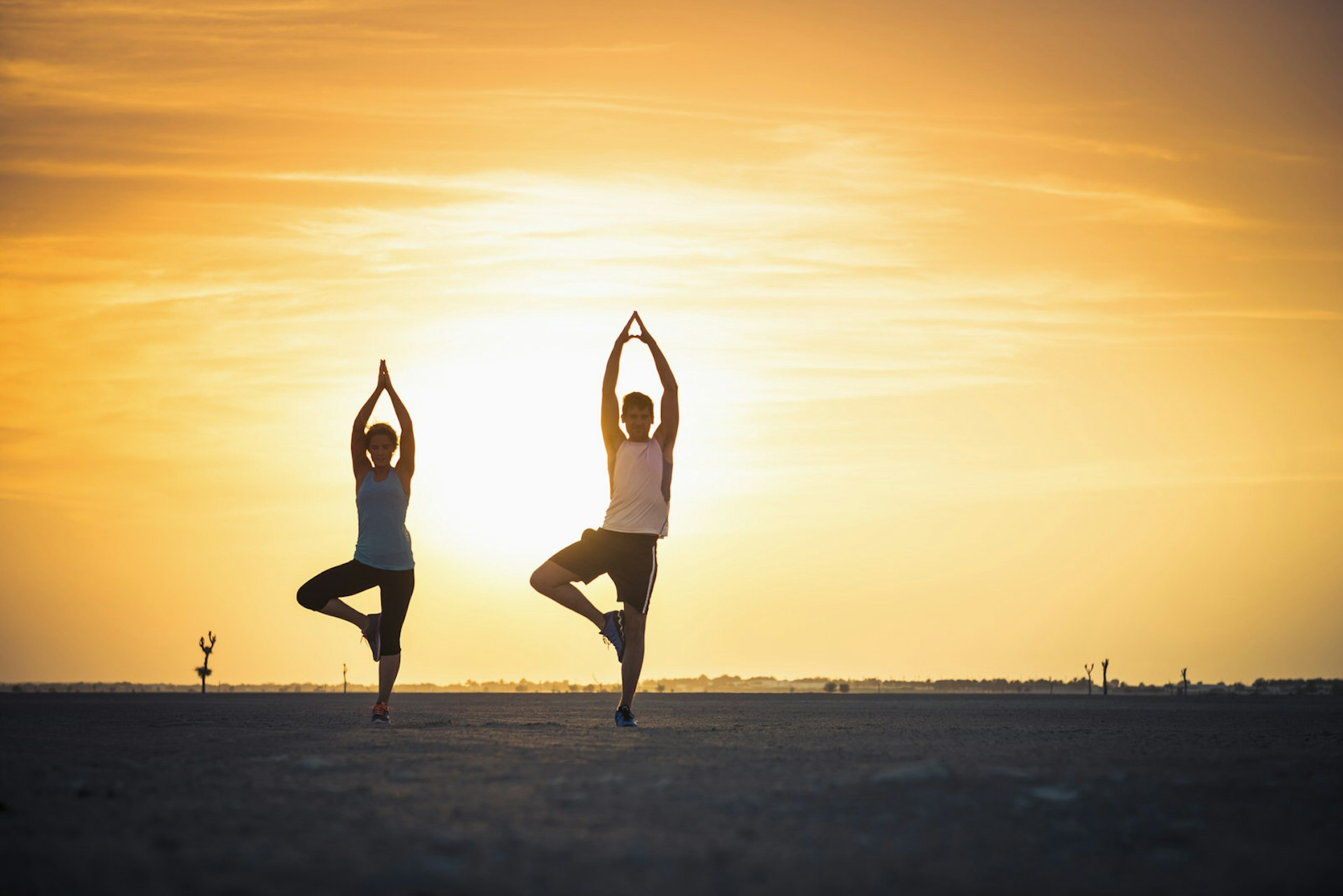 Two people strike matching yoga poses at sunrise © Dave and Les Jacobs/Blend Images LLC / Getty Images