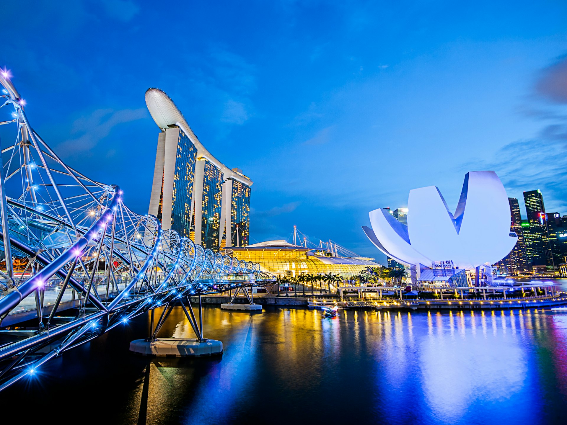 Alternative festivals - the Helix Bridge and Singapore skyline just after sundown. The blue and purple lights on the intricate bridge are reflected in the still, dark water. 