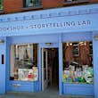 baby blue facade of Stories bookshop in Brooklyn