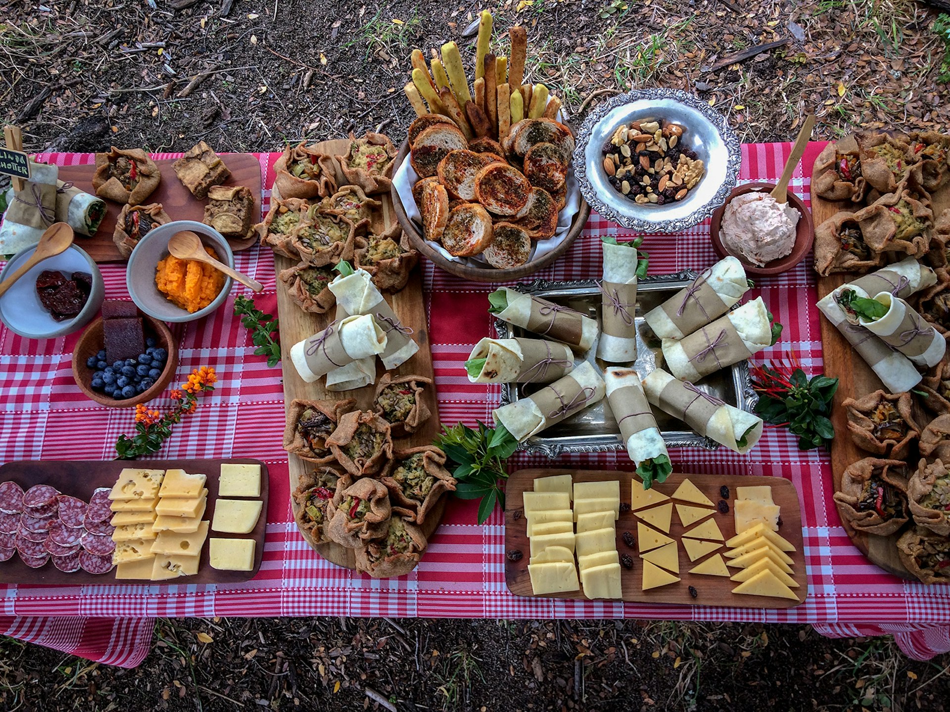 Food spread out on a colorful tablecloth in the forest
