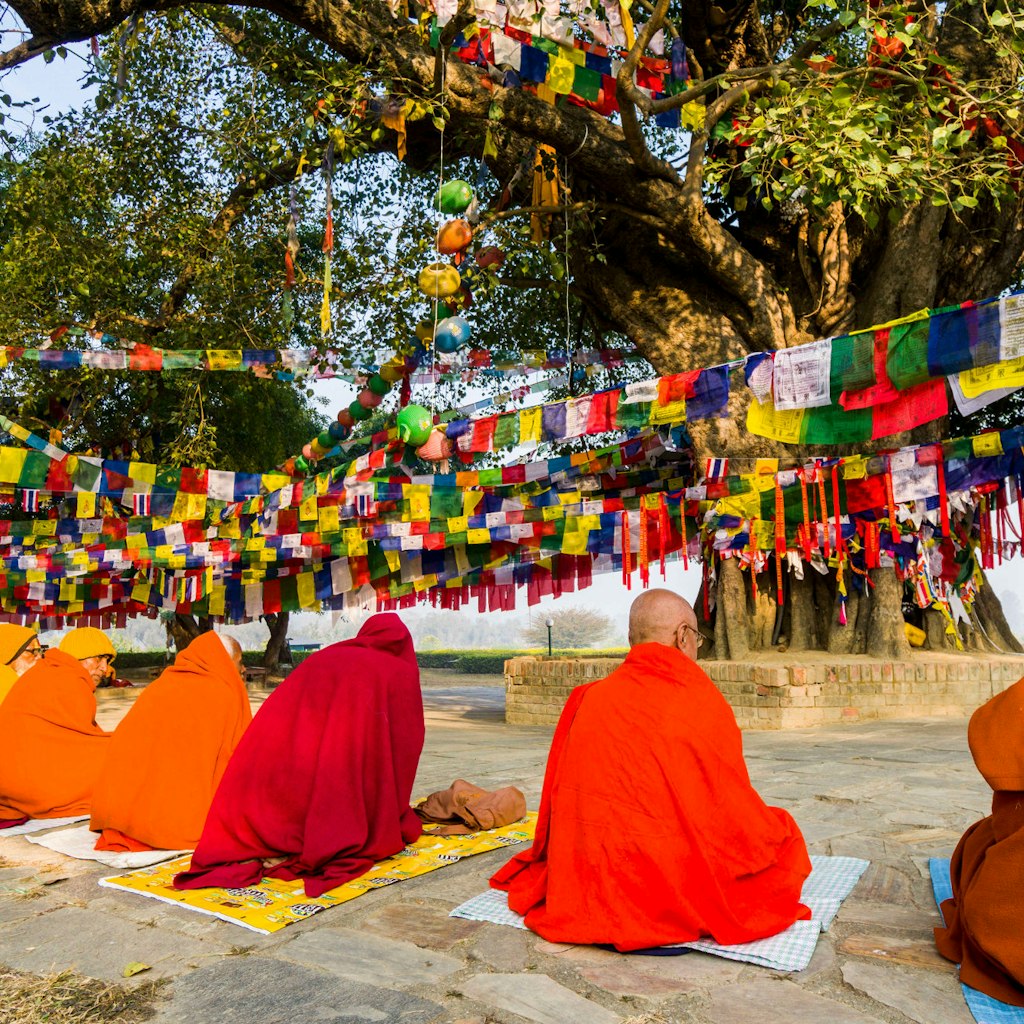 Some Sadhus, holy men, are sitting around the Bodhi tree next to the Mayadevi Temple, the birthplace of Siddhartha Gautama, the present Buddha. (Photo by Frank Bienewald/LightRocket via Getty Images)
