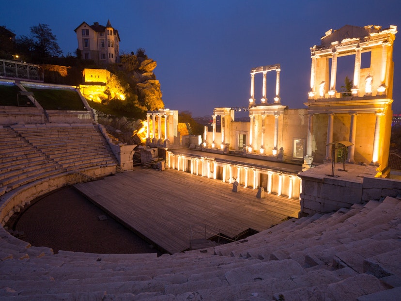 Illuminated ancient amphitheatre of Philippopolis in Plovdiv © Nickolay Kunev / 500px