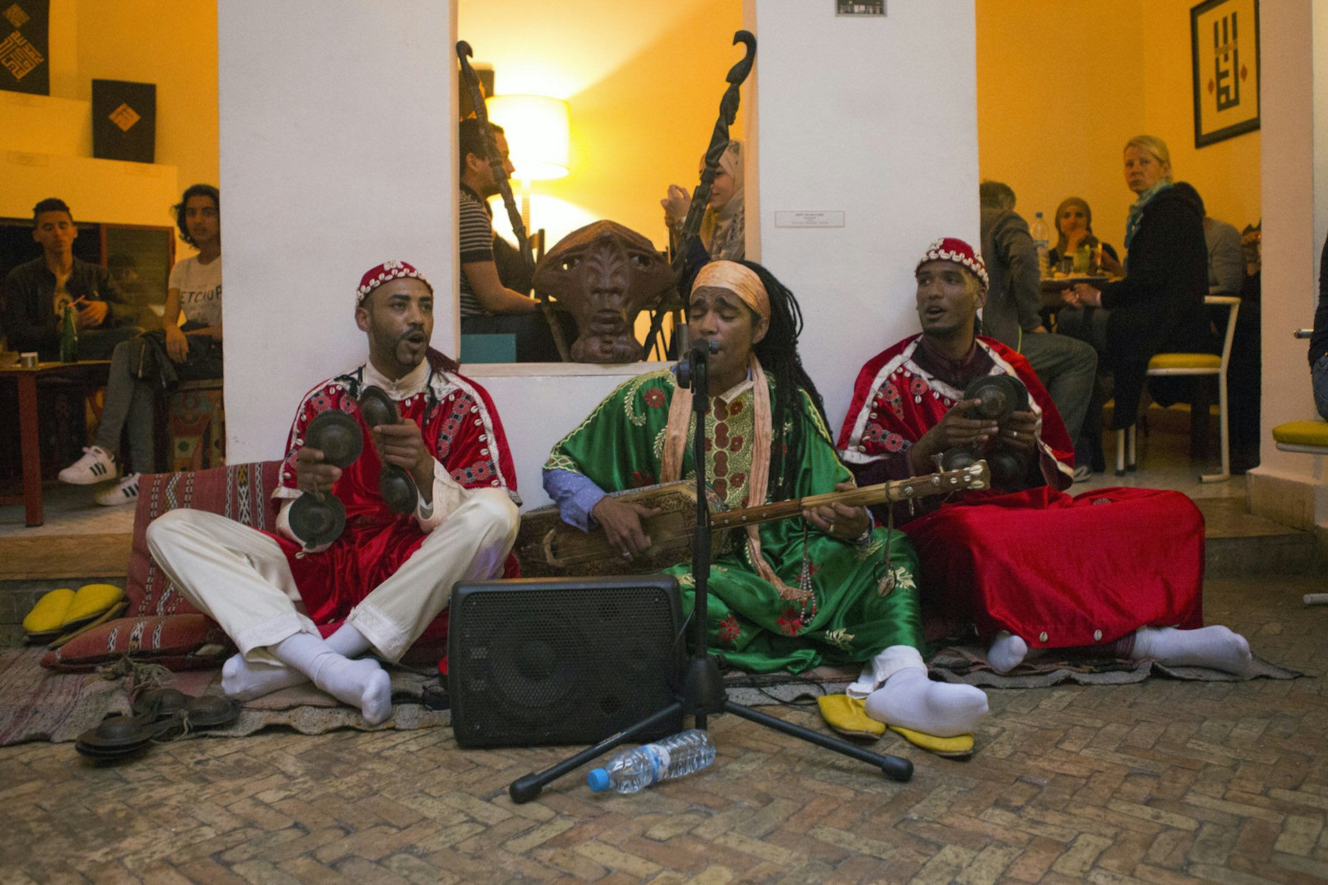 Gnaoua musicians perform at Cafe Clock, Marrakesh, Morocco