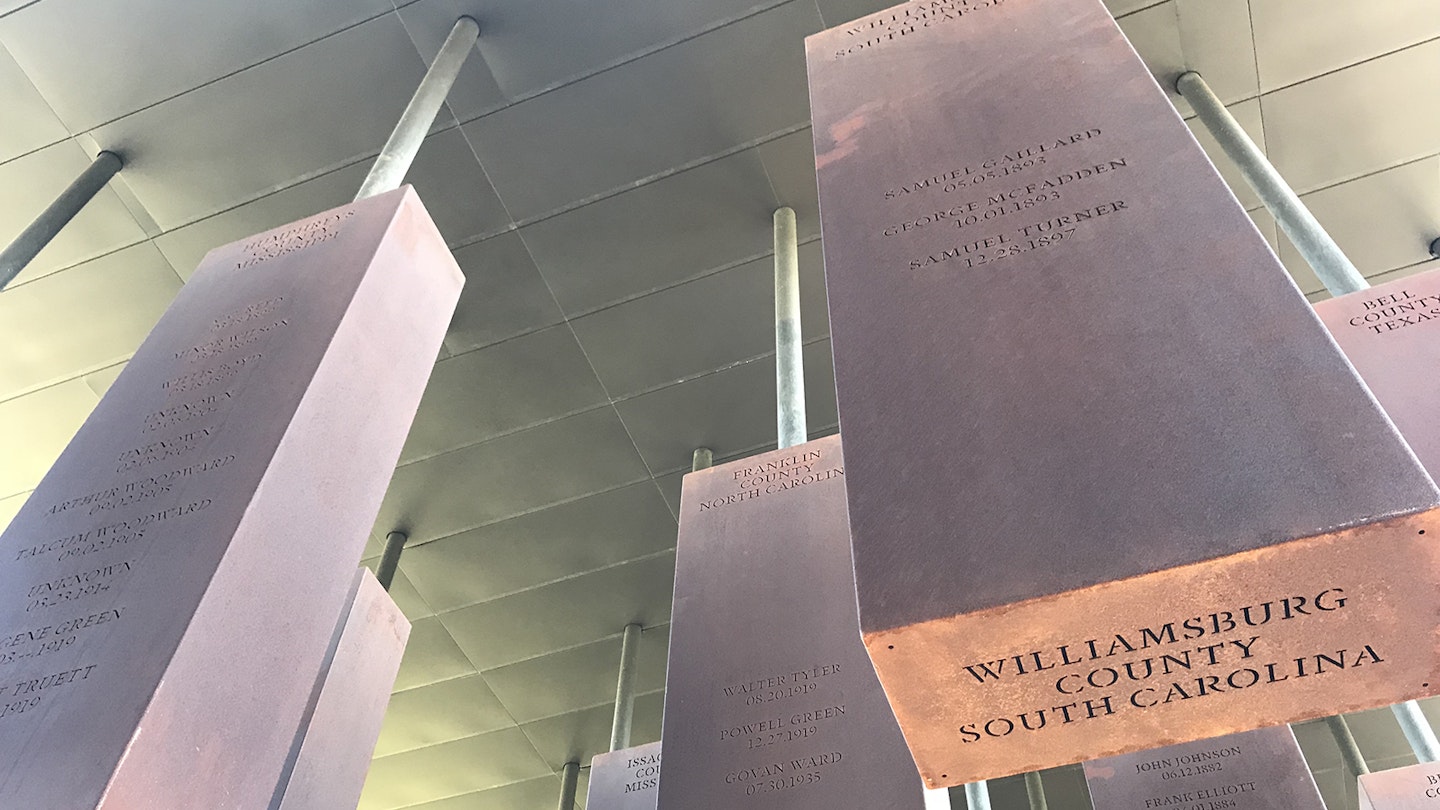 steel columns hang from the ceiling of the Memorial to Peace and Justice. On one you can read the names of Samuel Gaillard, George McFadden and Samuel Turner, three men lyched in Williamsburg County South Carolina