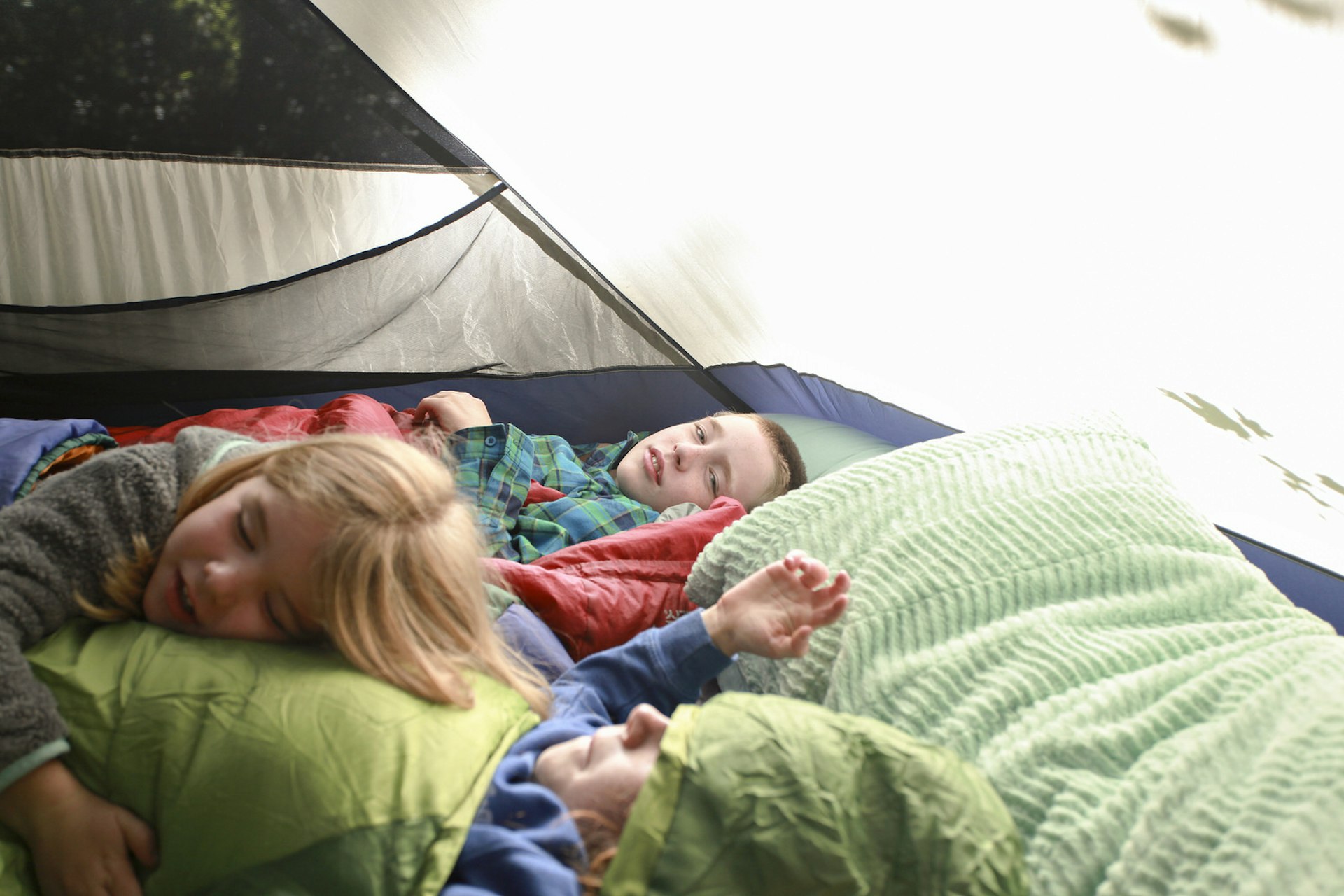 A family of three sleeping in a tent© Collin Quinn Lomax / Shutterstock