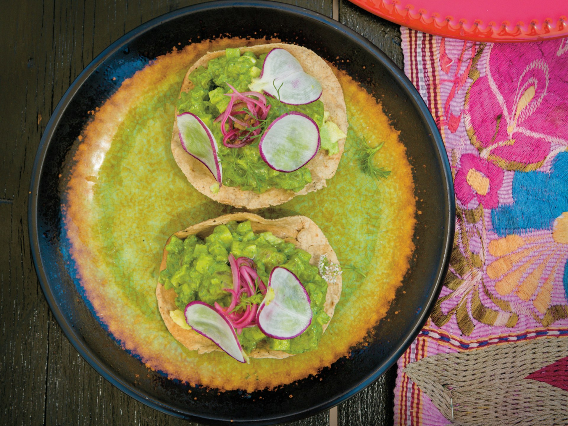 Tostados with green ceviche at TrasLomita in the Valle de Guadalupe