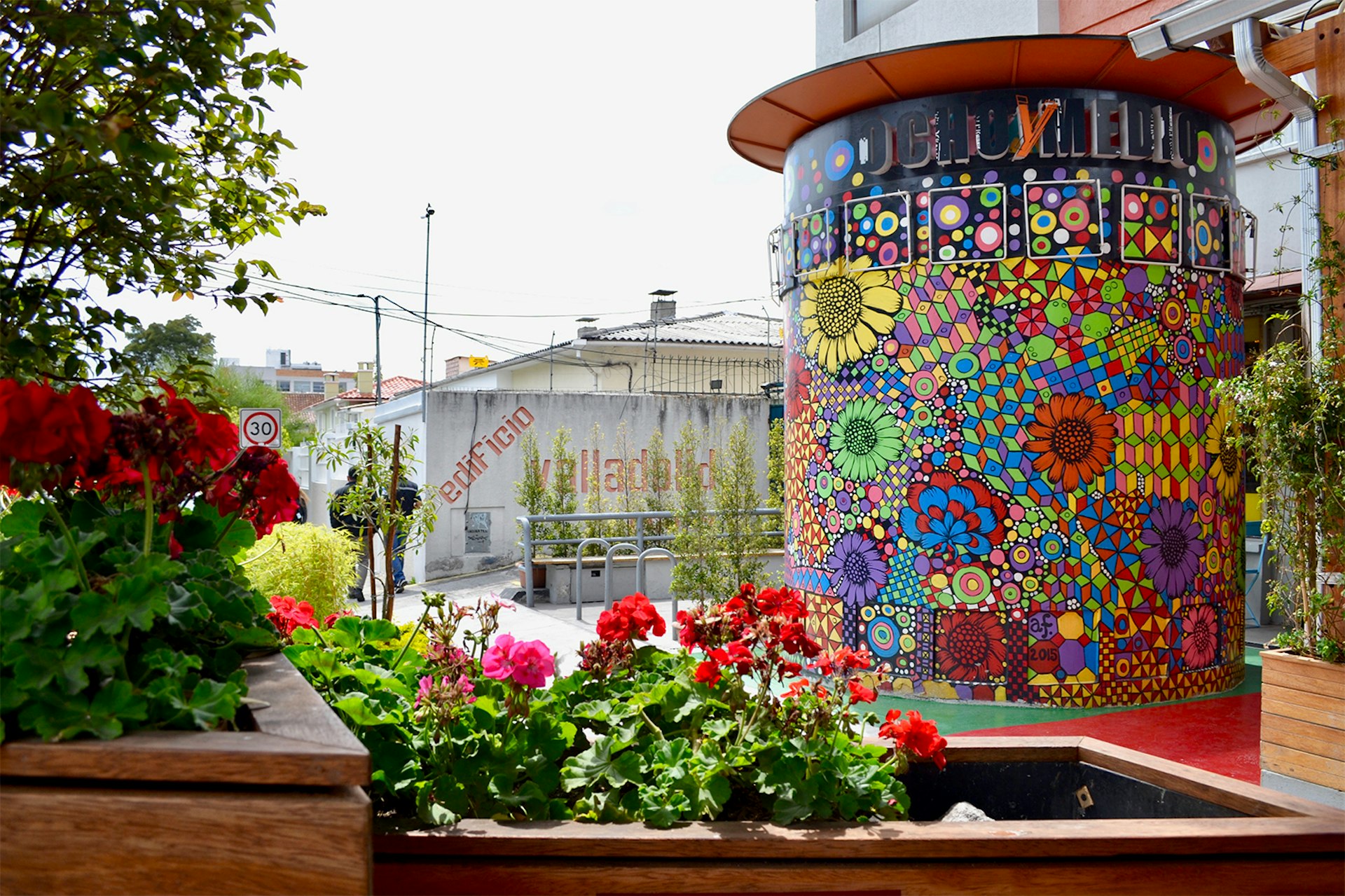 A show of the cinema exterior covered in street art, with flowers in the foreground © Julia Eskins / Lonely Planet