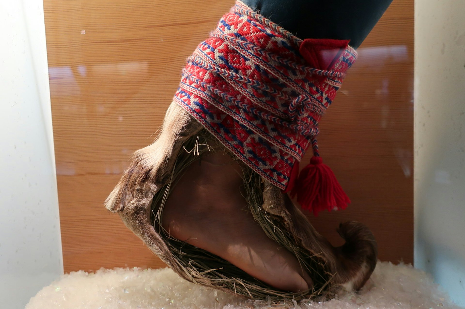 A cross-section of a traditional Sami boot on diplay at the Sami Museum in Inari. It's made of reindeer hide and tied to the leg with red and blue embroidered braiding.