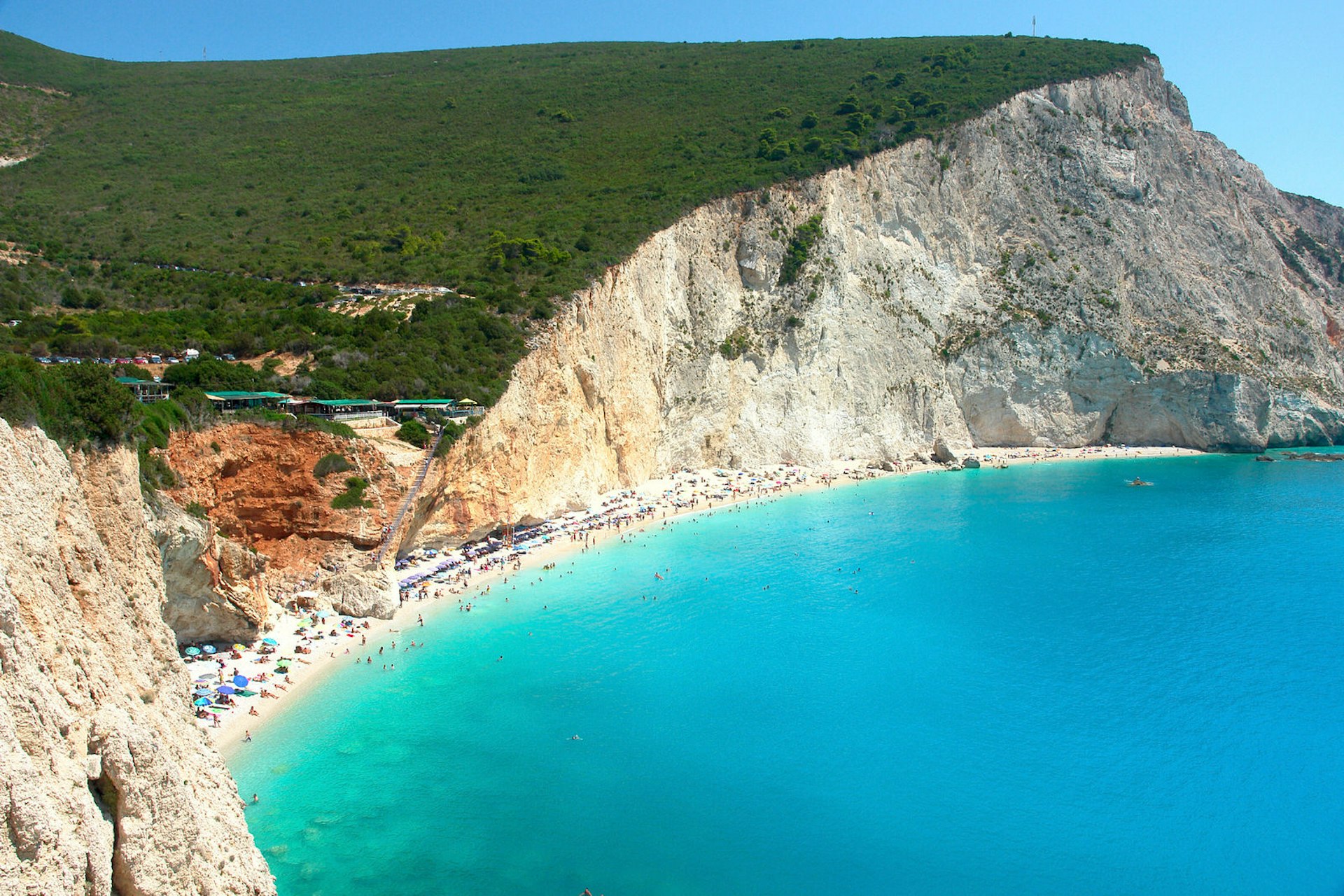 The golden sands backed by cliffs, and the turquoise waters of Katsiki beach, Lefkada, Greece