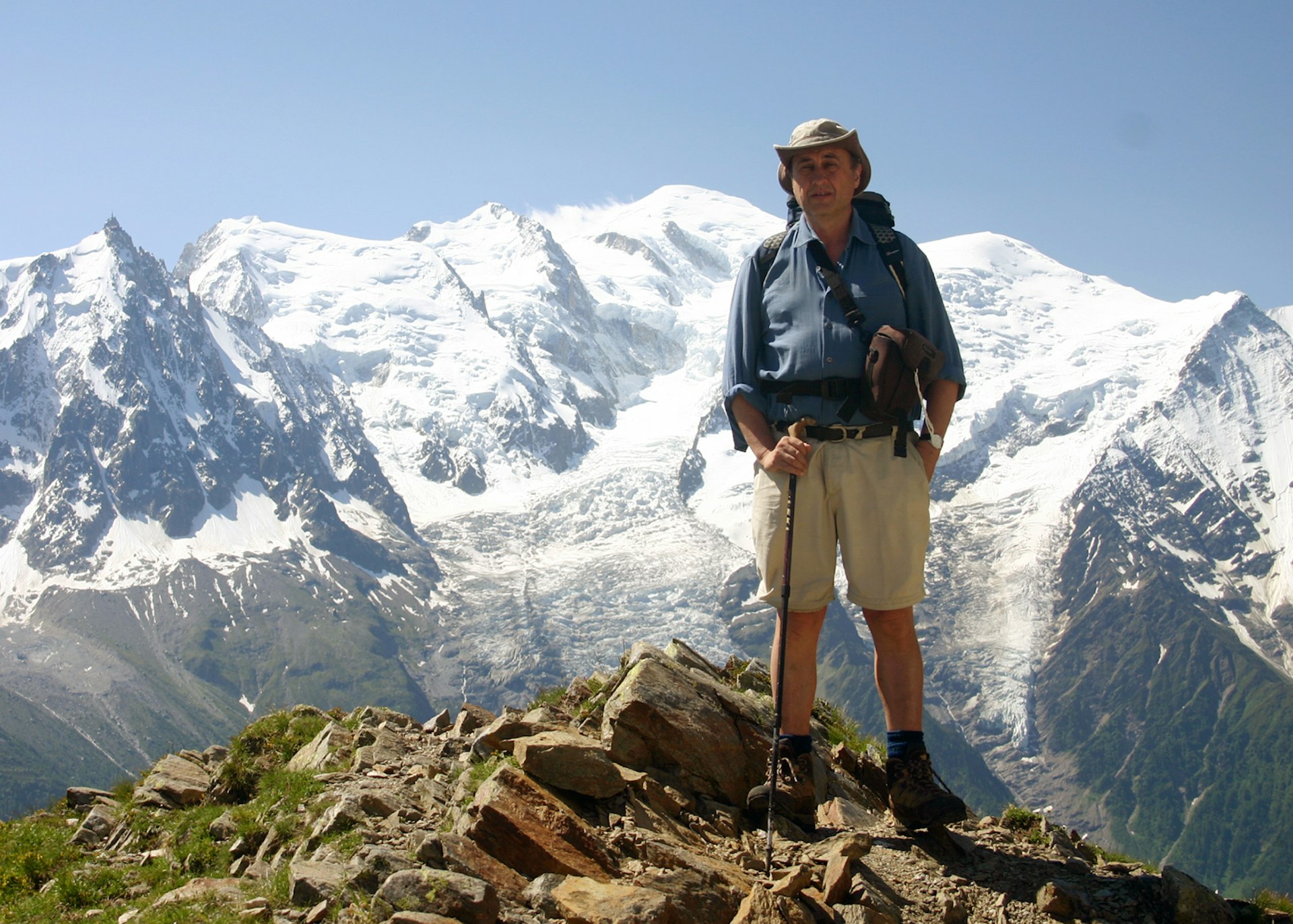 William exploring France's Aiguilles Rouges with Mt Blanc in the background © William Mackesy