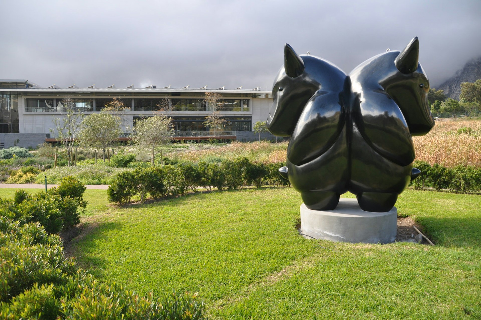 Sitting within a round section of lawn surrounded by a low hedge is a statue of a two-headed hippo-like creature with horns. In the background is the modern building housing the Norval Foundation art museum © Monica Suma / Lonely Planet