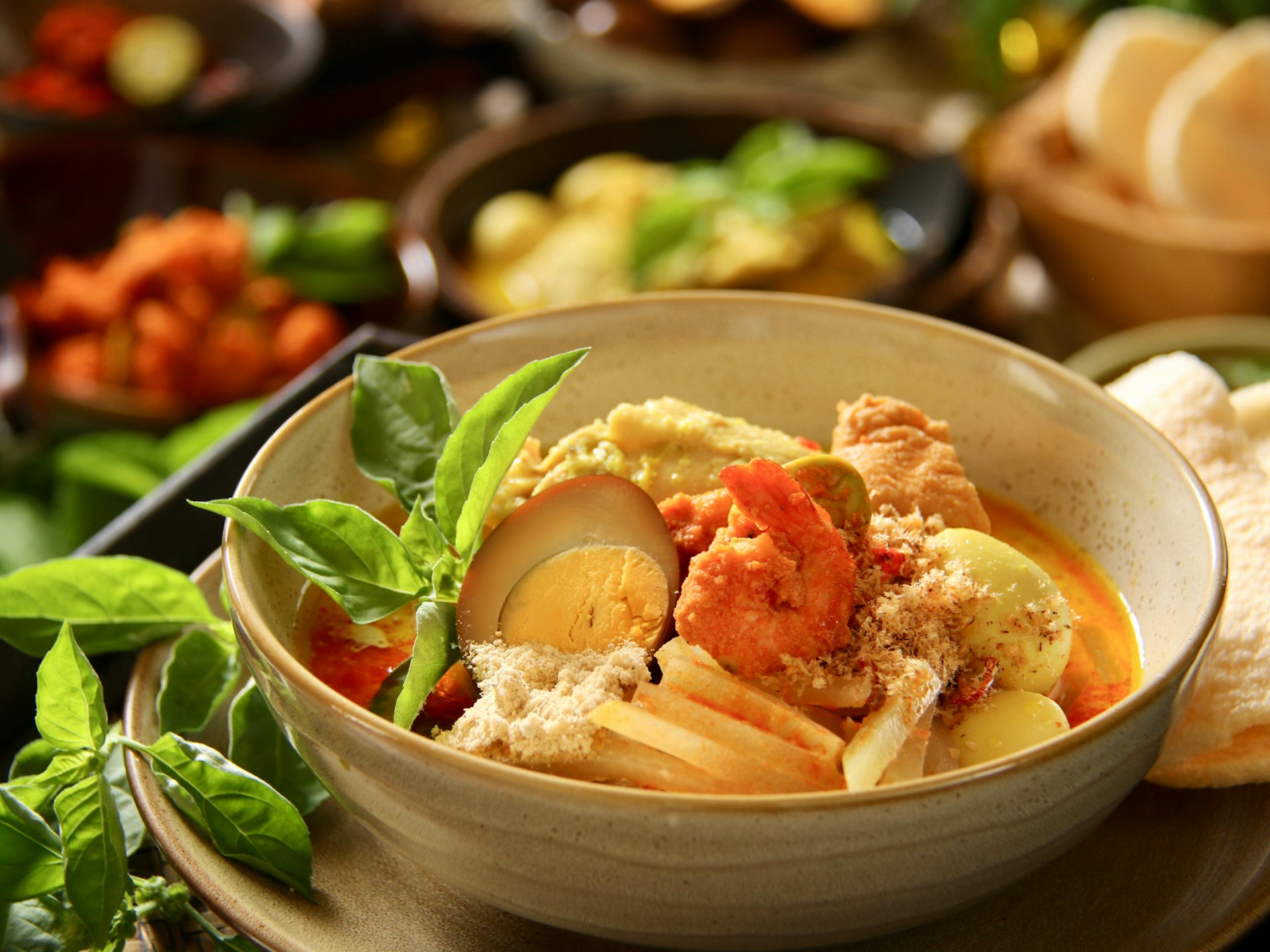 Lontong Cap Go Meh, a Peranakan dish of rice-cake soup with chicken curry, vegetables, egg and shrimp © Ariyani Tedjo / Shutterstock