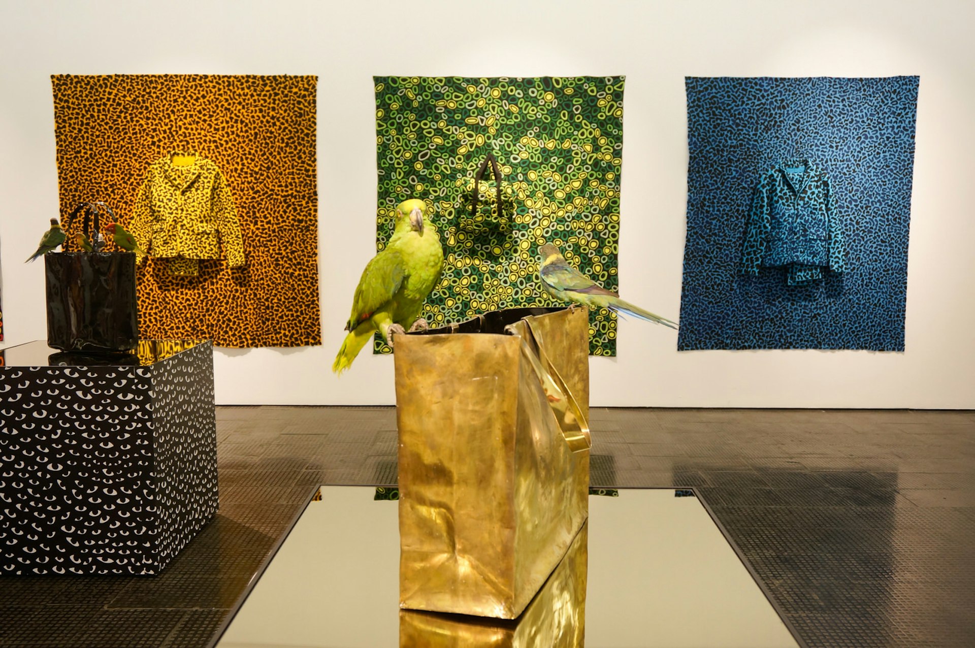 Two bright green parakeets (stuffed) sit atop a gilded paper shopping bag within the SMAC Gallery. On the white wall behind are three colourful pieces of work, each a large square of different fabric with a piece of clothing (made of matching fabric) hanging in the centre © Monica Suma / Lonely Planet