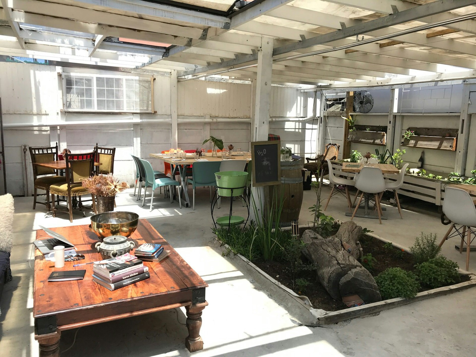 The interior of this restaurant is flooded with light from opaque panels in the white timber ceiling. There are various styles of chairs and tables, as well as a central garden cut out of the floor © Simon Richmond / Lonely Planet