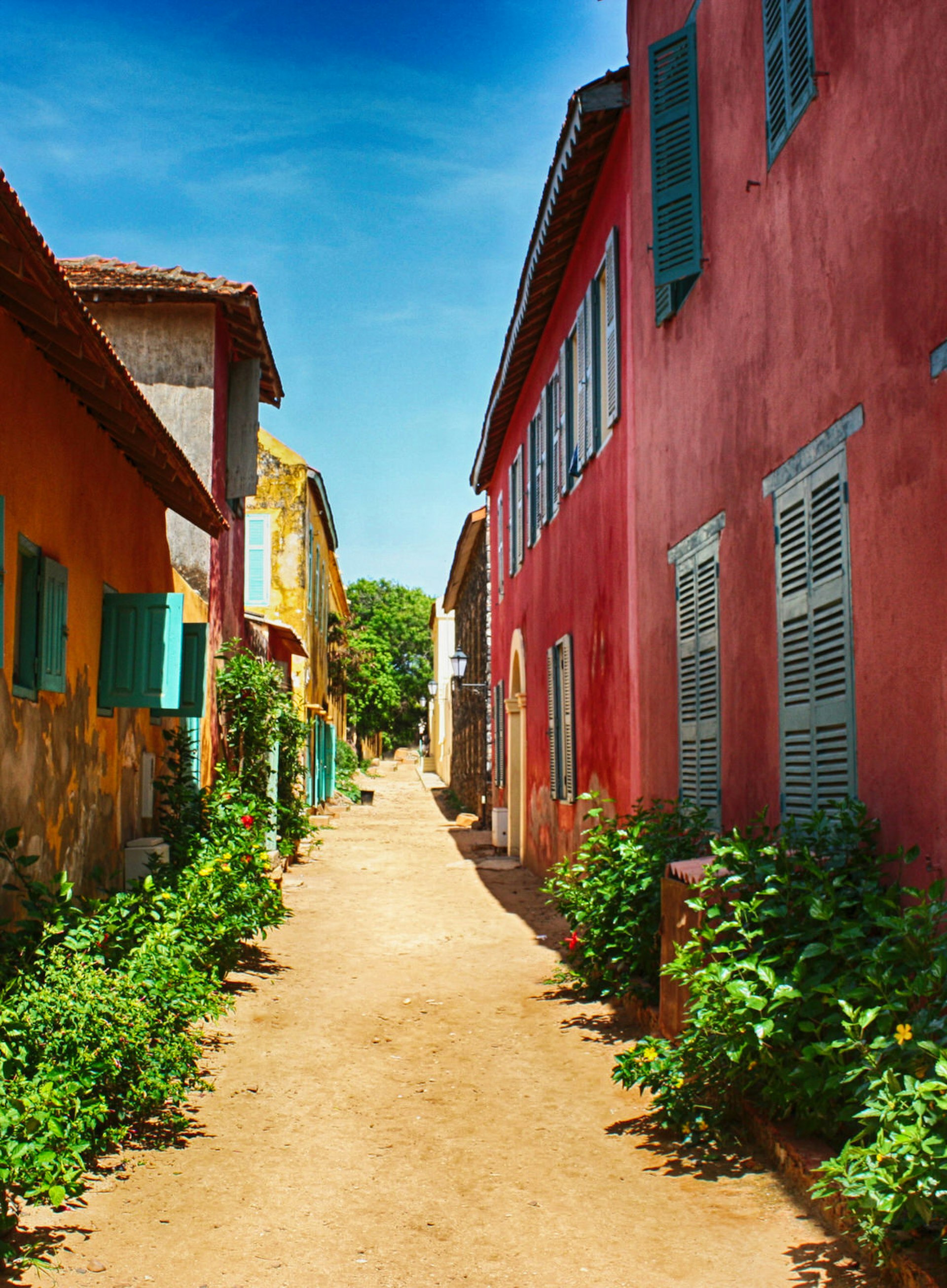 This image is looking straight down a sandy lane on Île de Gorée, with a bright red two-story building on the right and a yellow single-storey building on the left - both buildings have colourful shutters. Vegetation grows along the base of the buildlings © Alex ADS / 500px