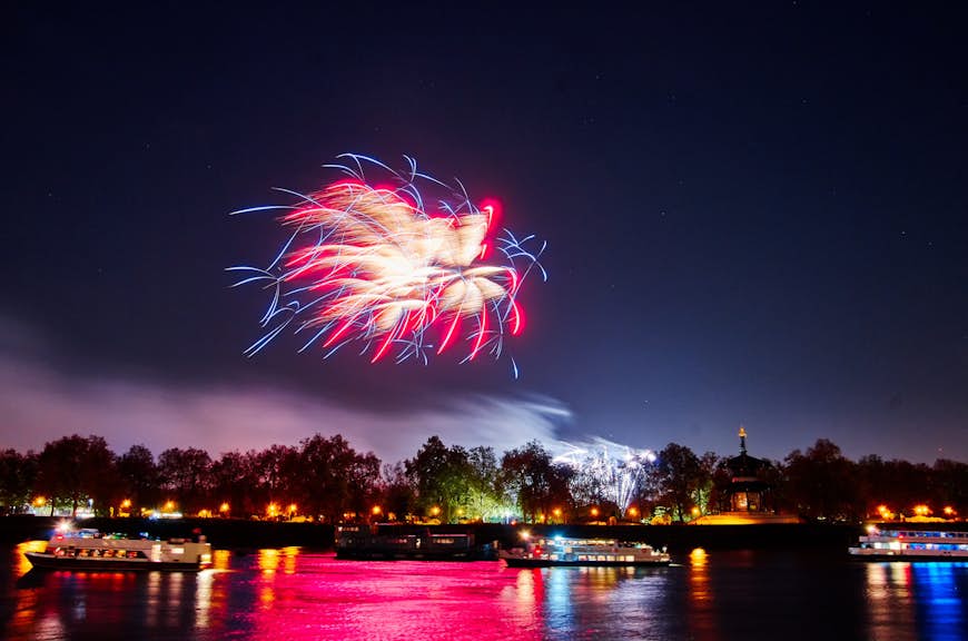 Brightly-coloured fireworks explode over Battersea Park during Bonfire Night in London