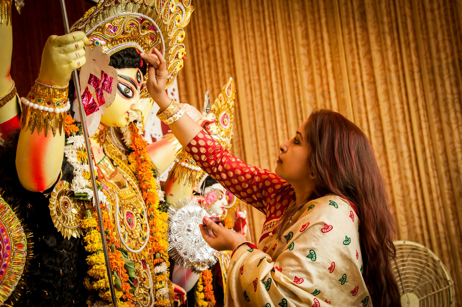 Bengali Woman Hindu Devotee Offering Godess Durga