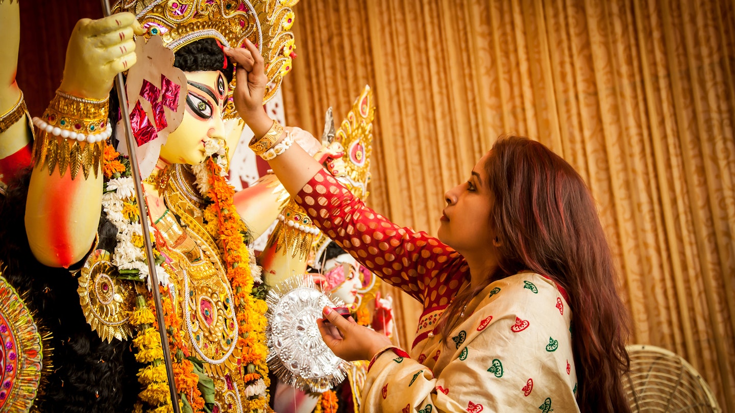 Bengali Woman Hindu Devotee Offering Godess Durga