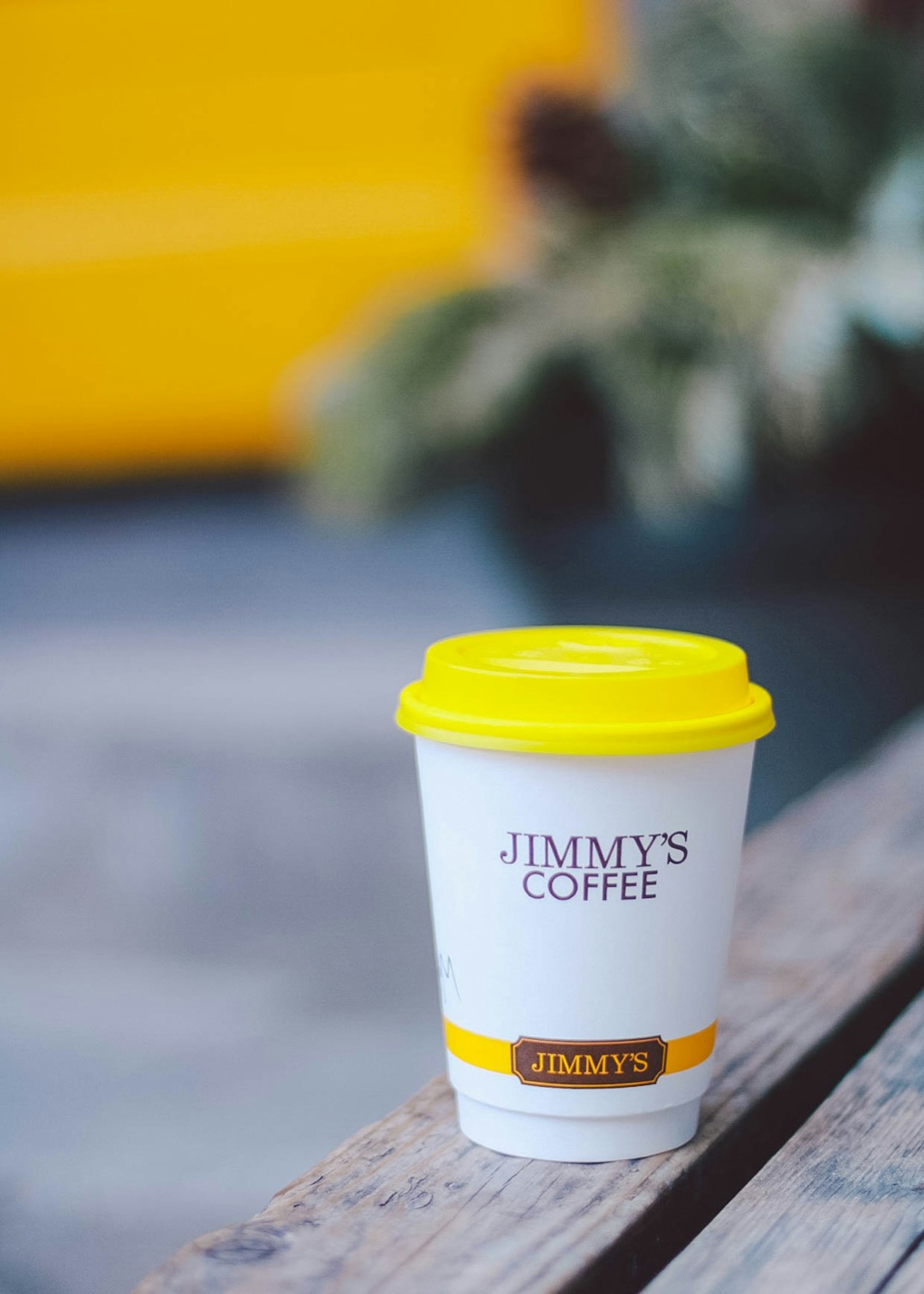 A white coffee cup with a vivid yellow lid sits on a wooden bench with a plant in the background © Jessica Lam / Lonely Planet