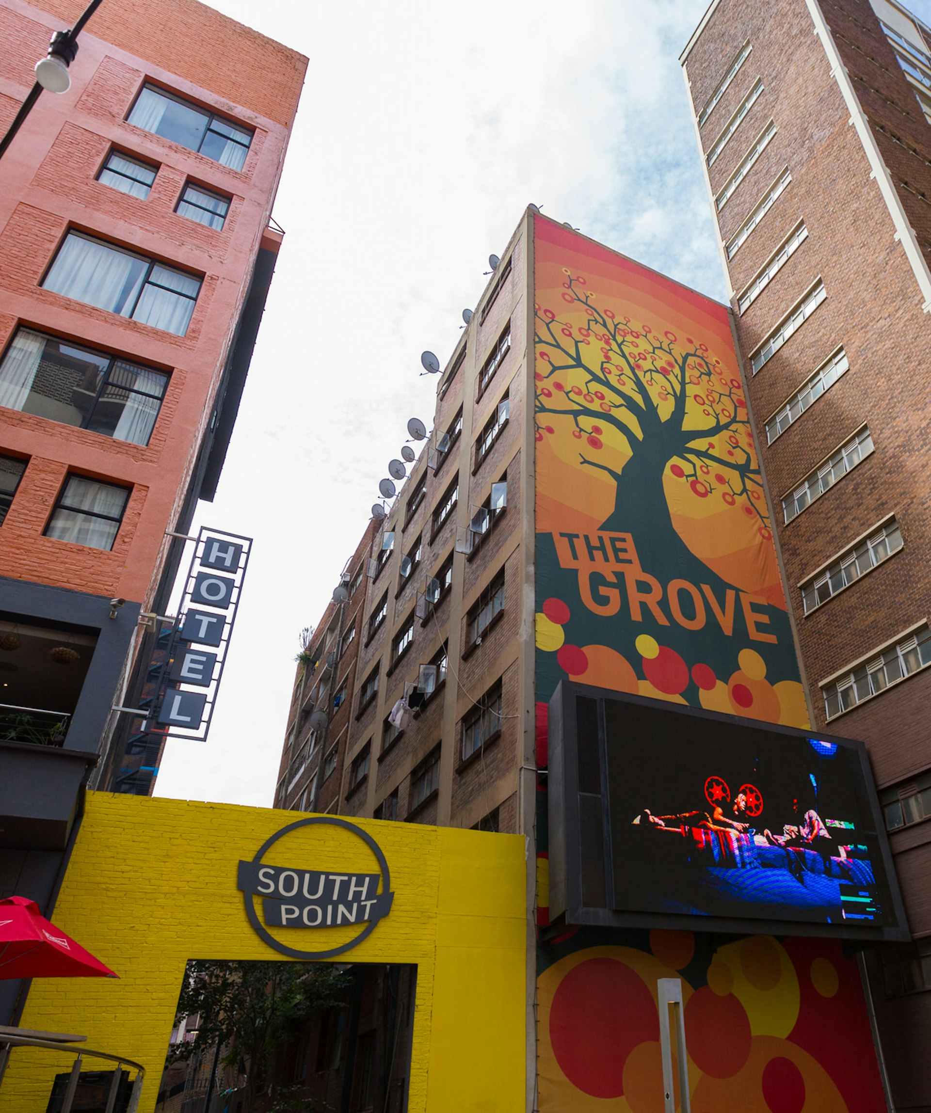 This image looks up to two large brick buildings, one with a huge mural of a baobab tree. Between the two buildings is an alley, with a bright yellow entrance emblazoned with 'South Point'. Braamfontein is one of Johannesburg's best neighbourhoods © Heather Mason / Lonely Planet