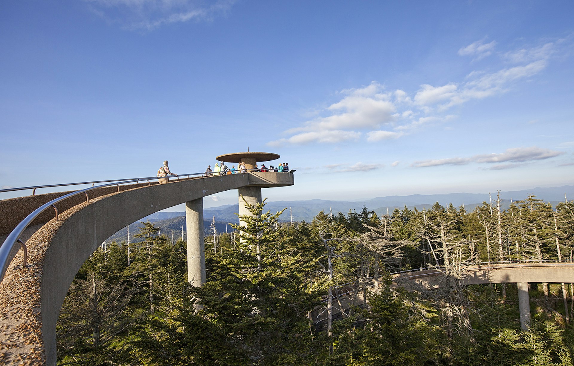 View of the concrete, arched path to Clingmans Dome, a popular lookout in Great Smoky Mountains National Park. Blue skies over pine trees © Ali Majdfar / Getty Images