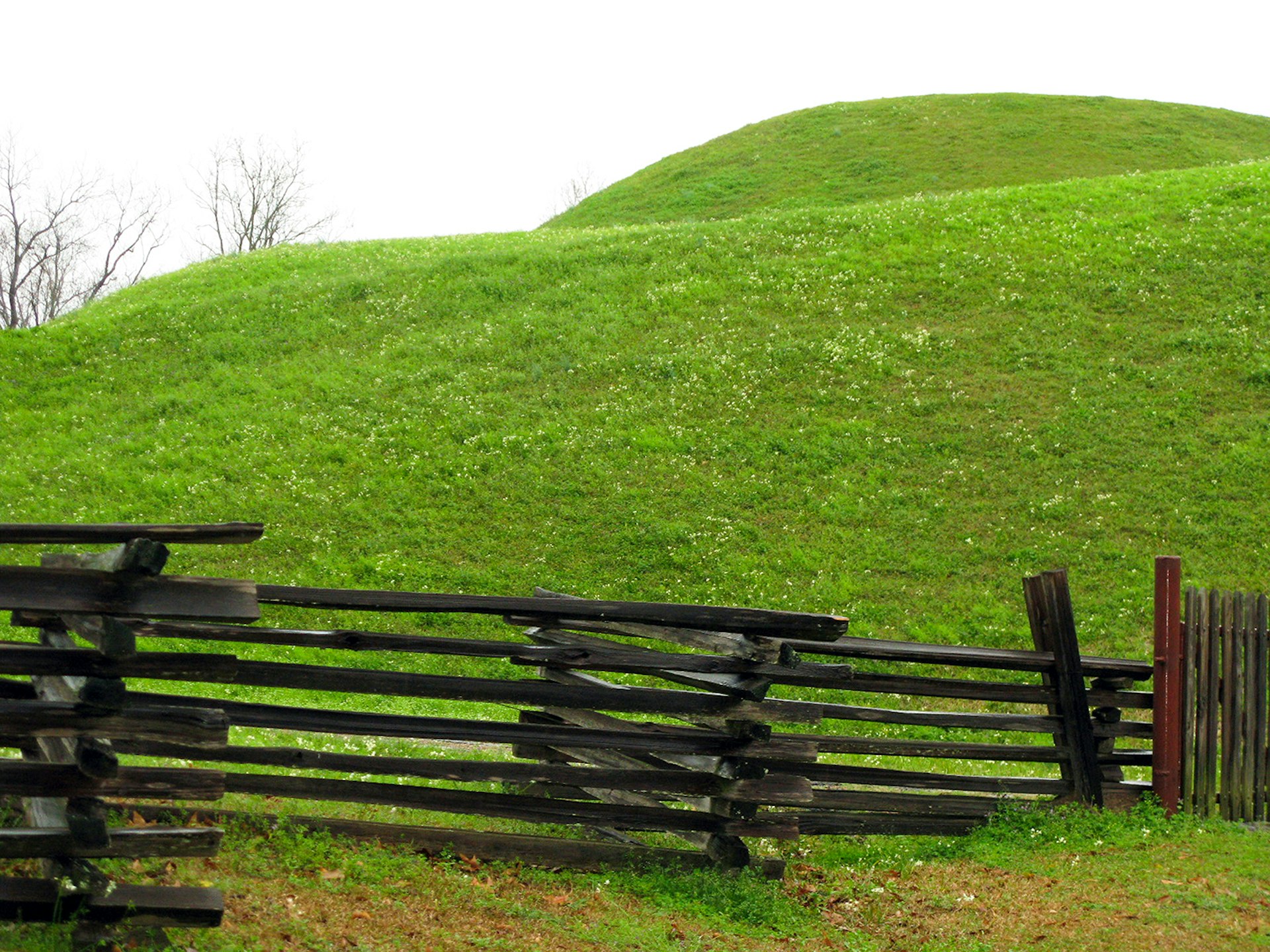 A brown wooden fence sits at the bottom of a towering Native American temple mound, covered in green grass