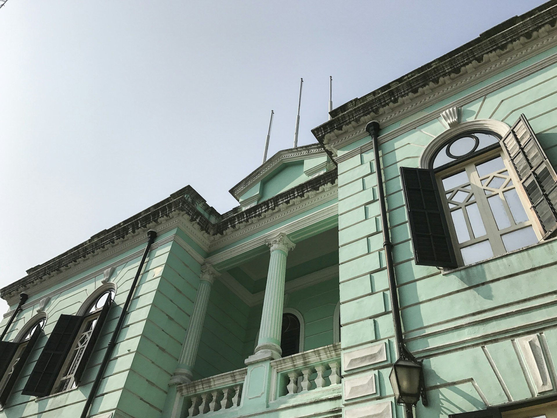 The pastel blue exterior of a building. The Taipa-Houses Museum offers a glimpse into colonial Macanese life 