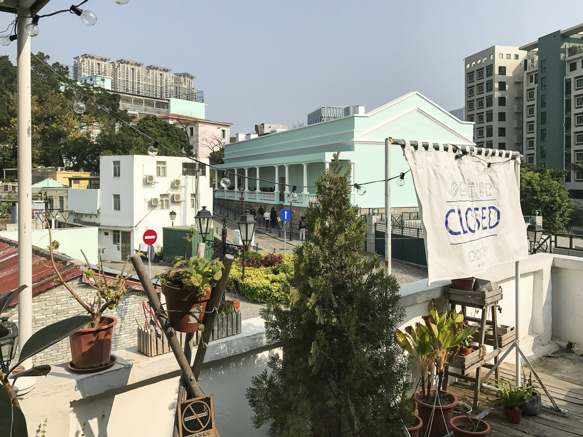 View of a roof garden and old Taipa village. Rooptop Macau is one of Taipa's hip outdoor spaces 