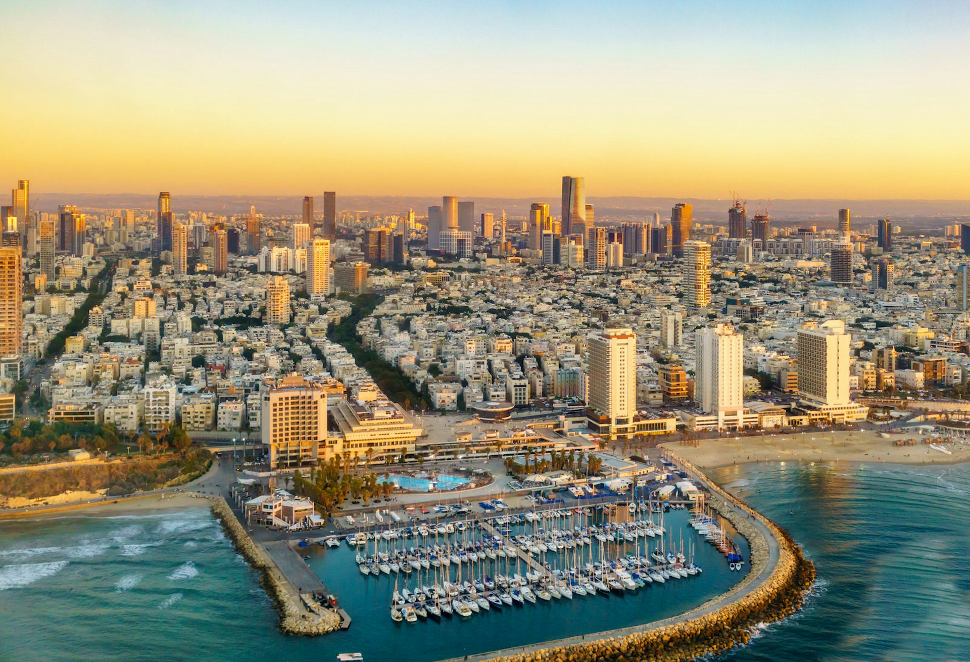 Aerial sun set view of Mediterranean Seashore of Tel Aviv, Israel © Boris-B / Shutterstock