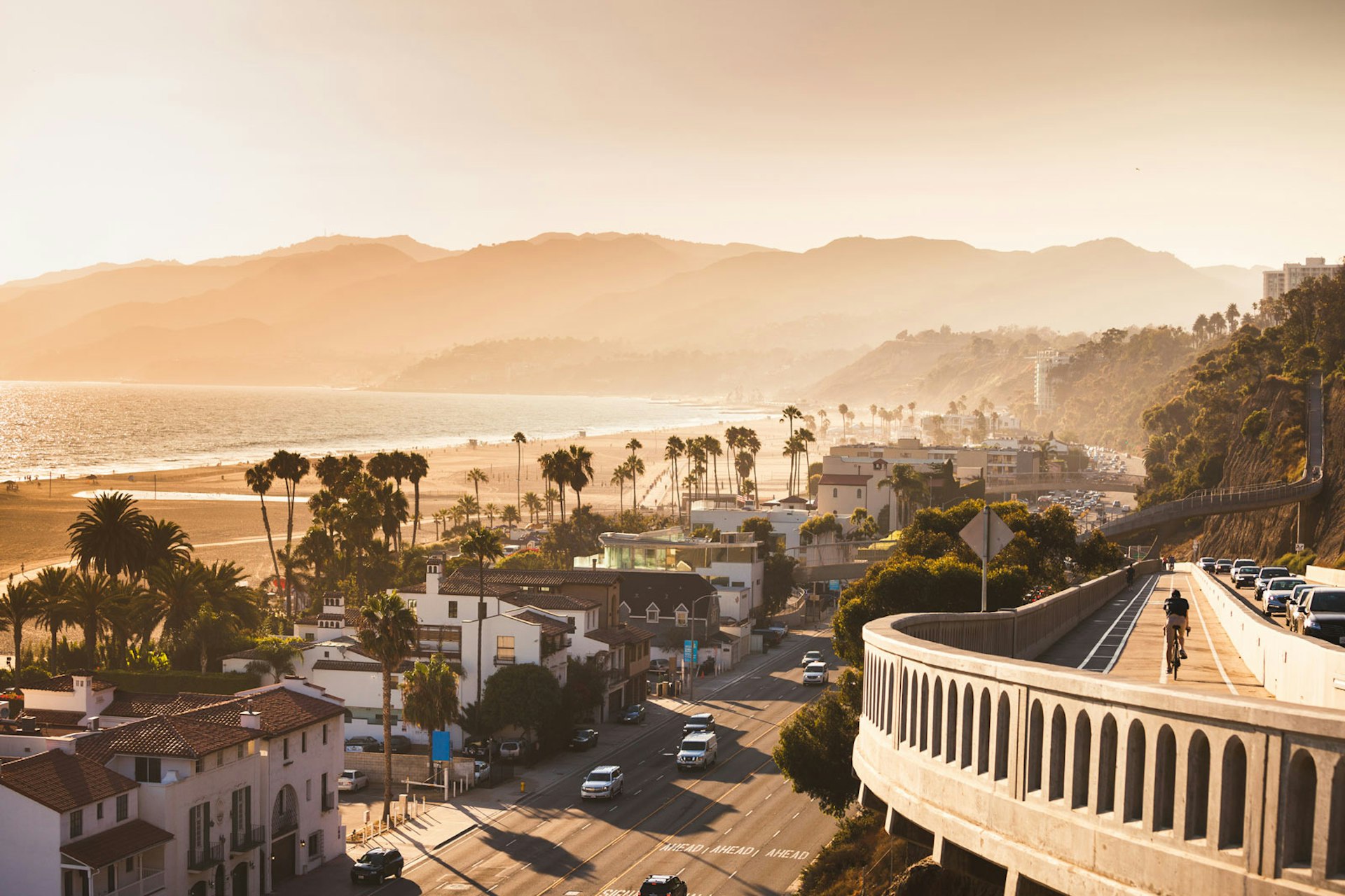 Sunset in Santa Monica, view on beach, pacific ocean and highway