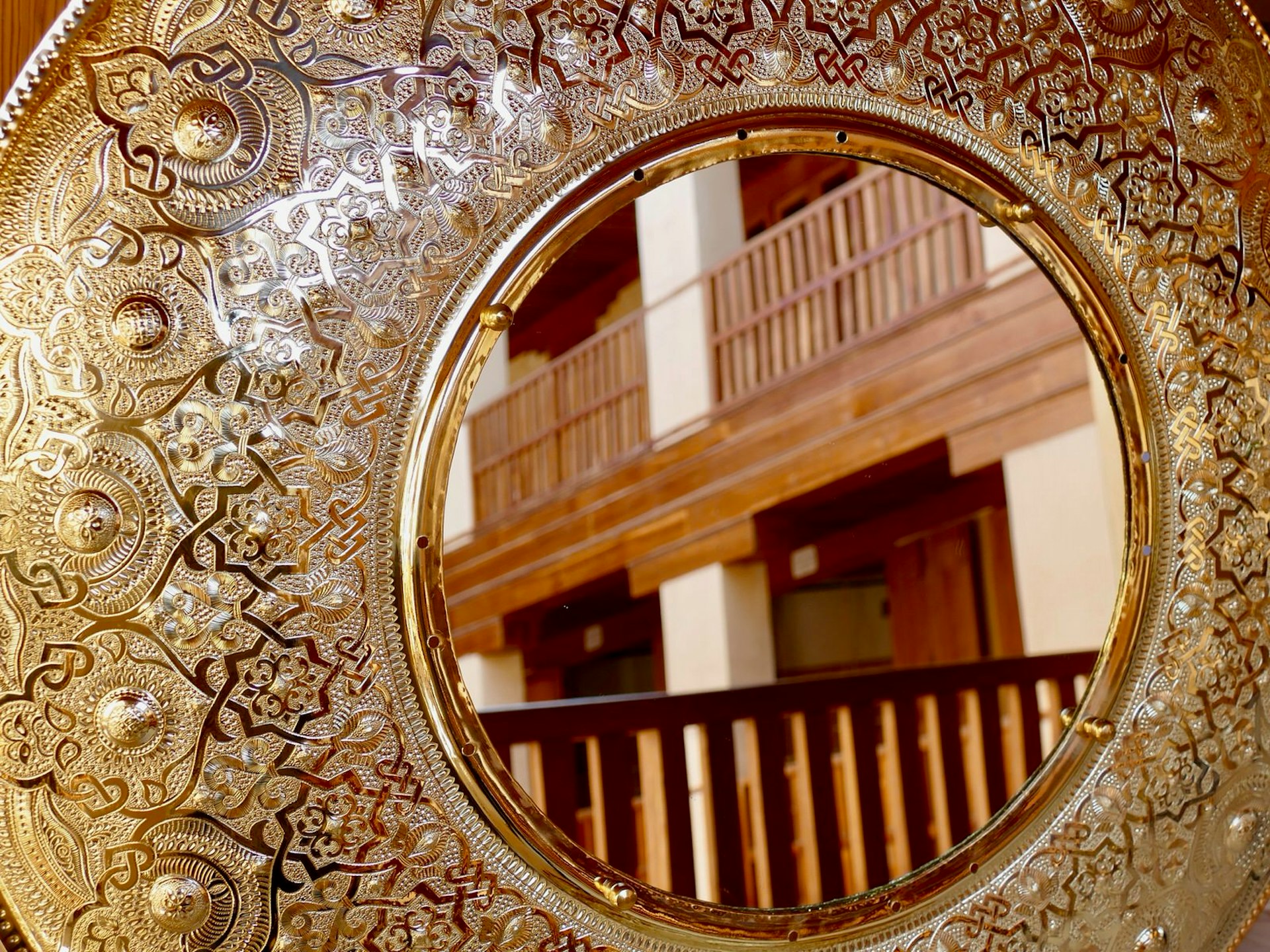 Brass etching and mirror at Chemmaine-Sbityrine funduq, Fez, Morocco