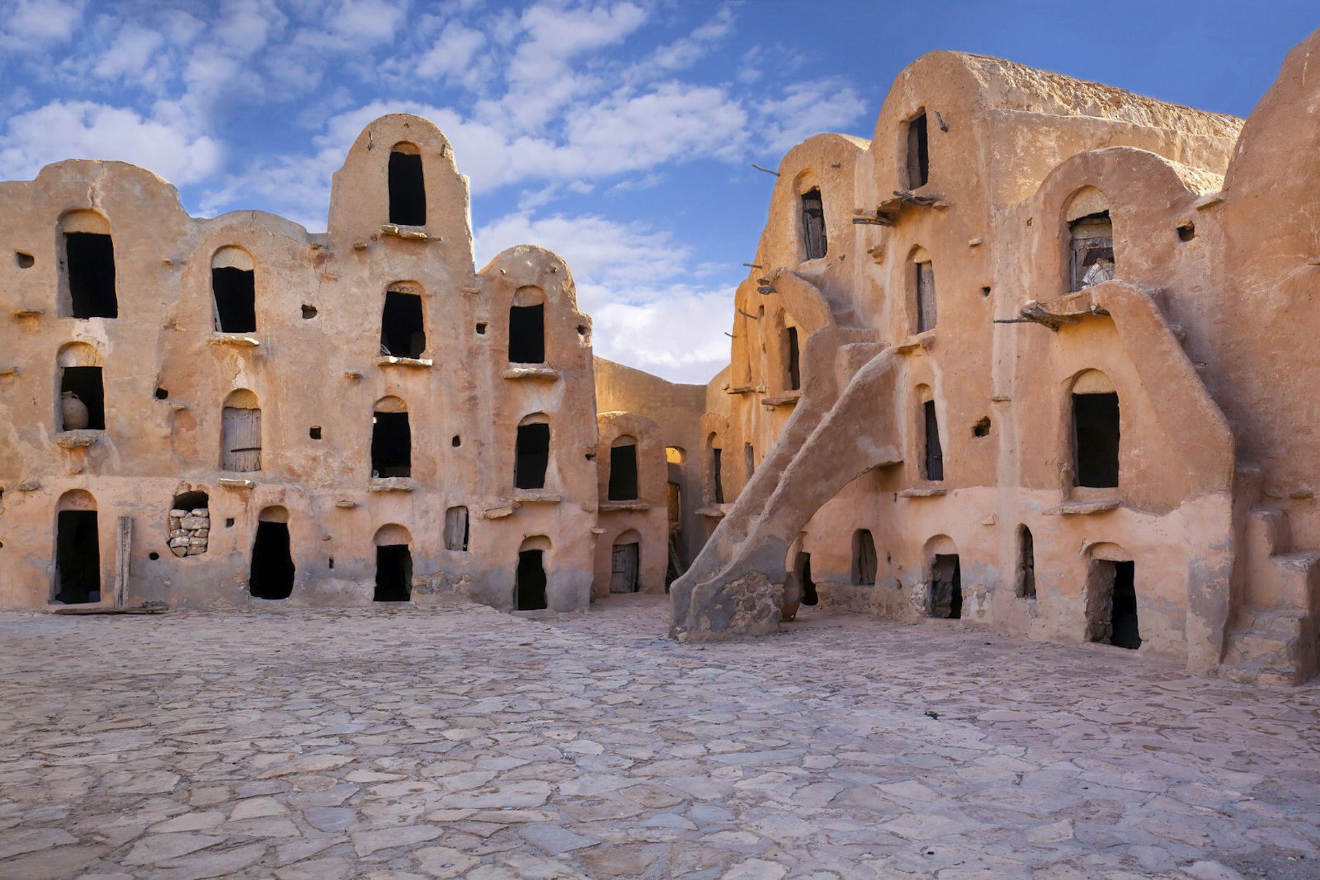 The courtyard of Ksar Oued Soltane, a fortified granary or ksar, located in the Tataouine district in southern Tunisia. 