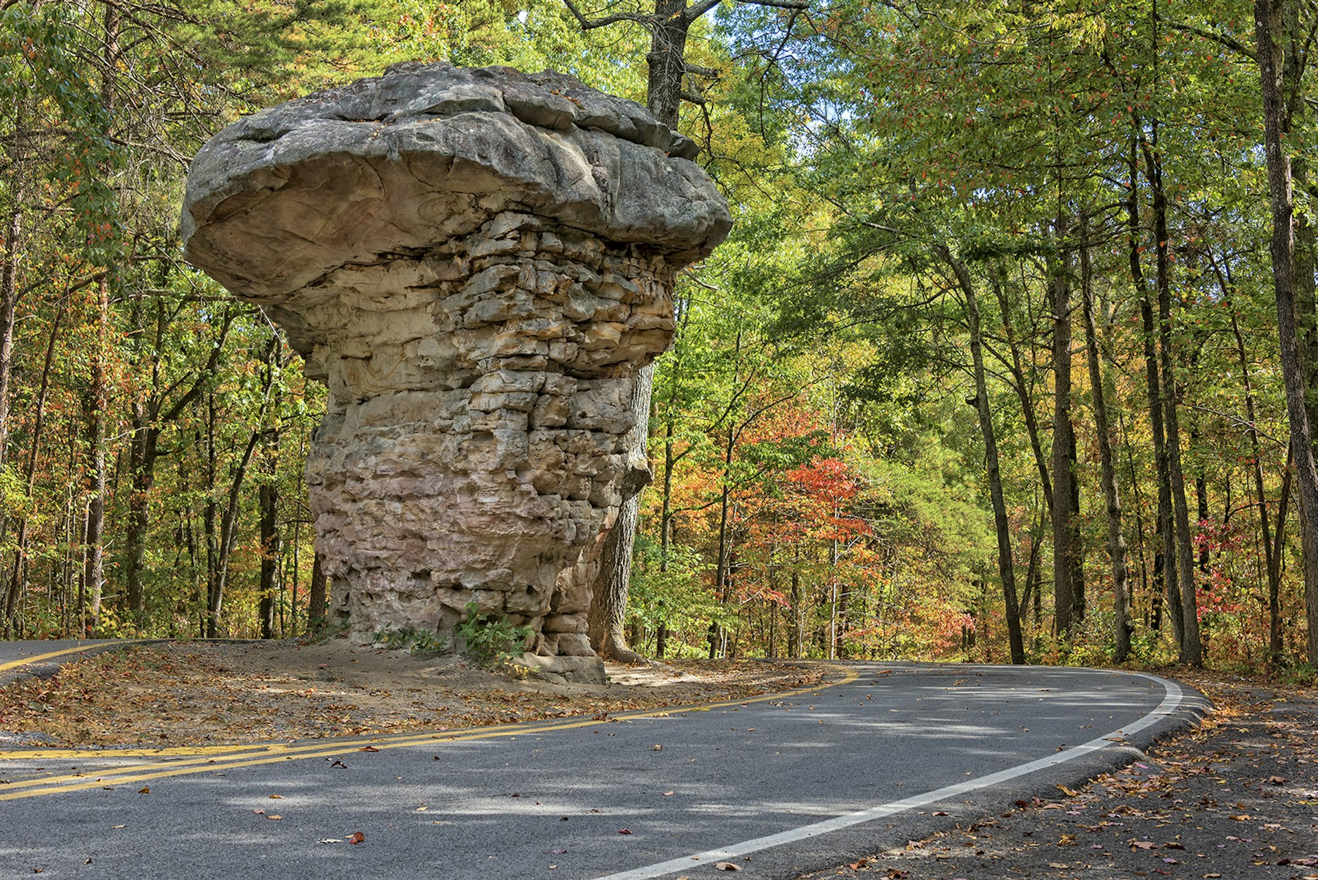 A small waterfall tumbles from a large rock into a pool in Talladega National Forest in Alabama