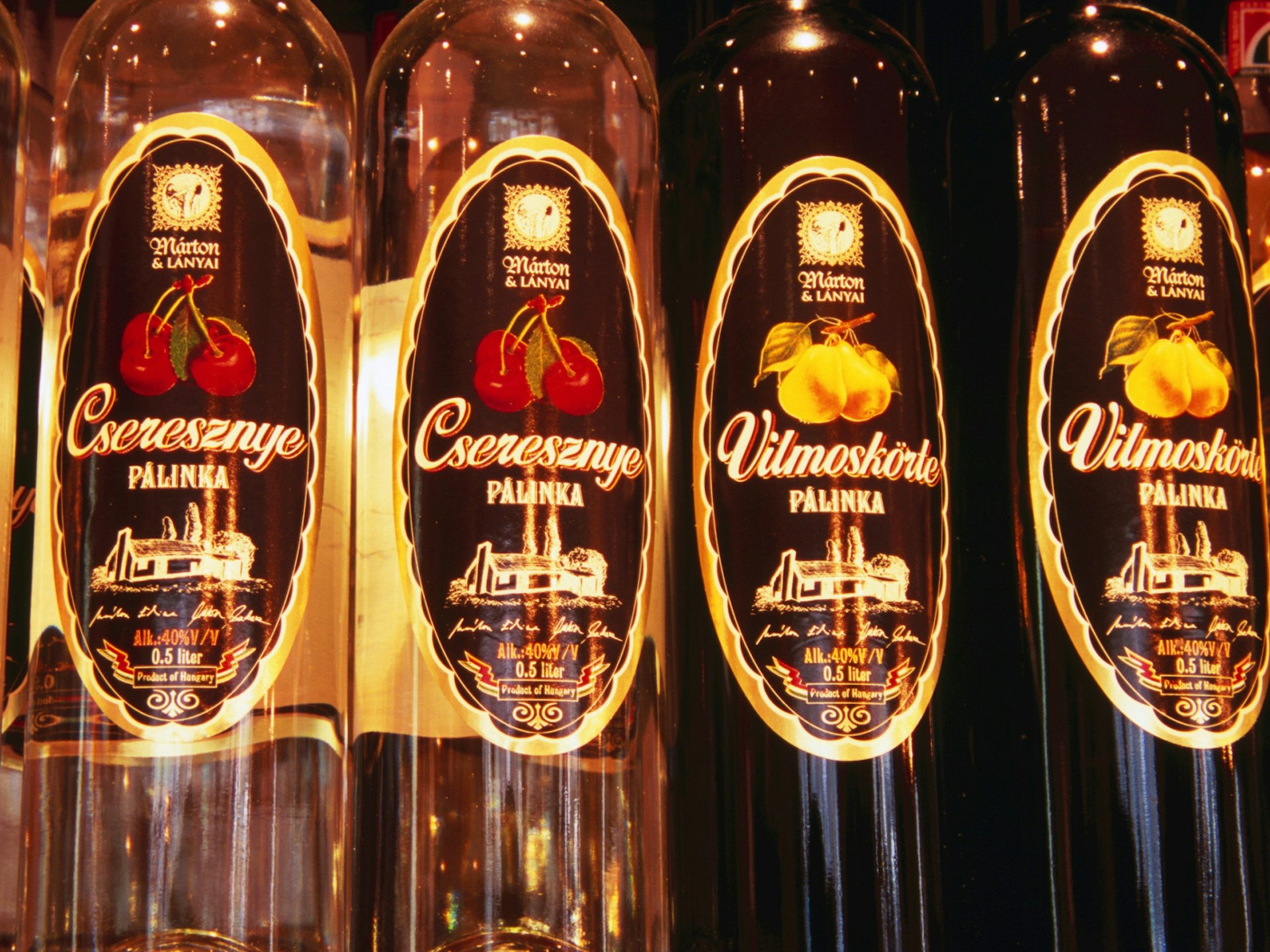 Pálinka (fruit brandy) bottles lined up at Magyar Pálinka Háza store in Budapest © Richard Nebesky / Lonely Planet