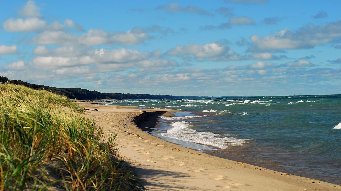 Long shot of curving coastline with white sand and tall grasses, with gentle waves from the blue water of Lake Michigan and a blue partly cloudy sky overhead
