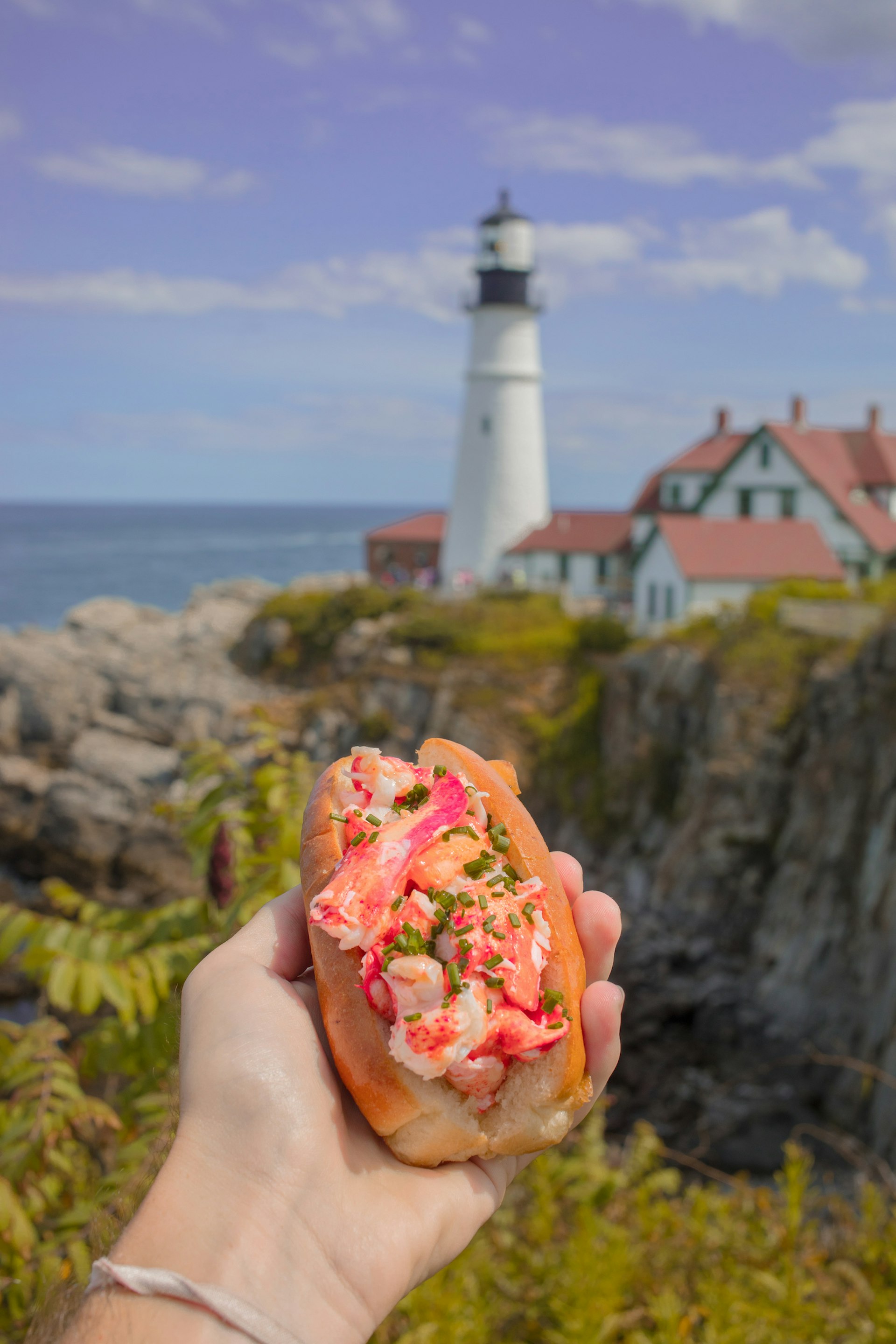 A lobster roll is held aloft in a coastal setting