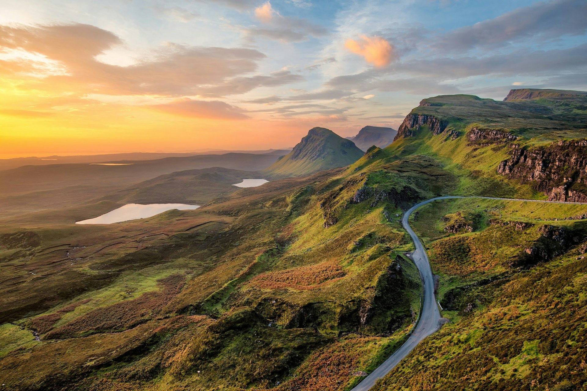 A scenic road on the Isle of Skye at sunset