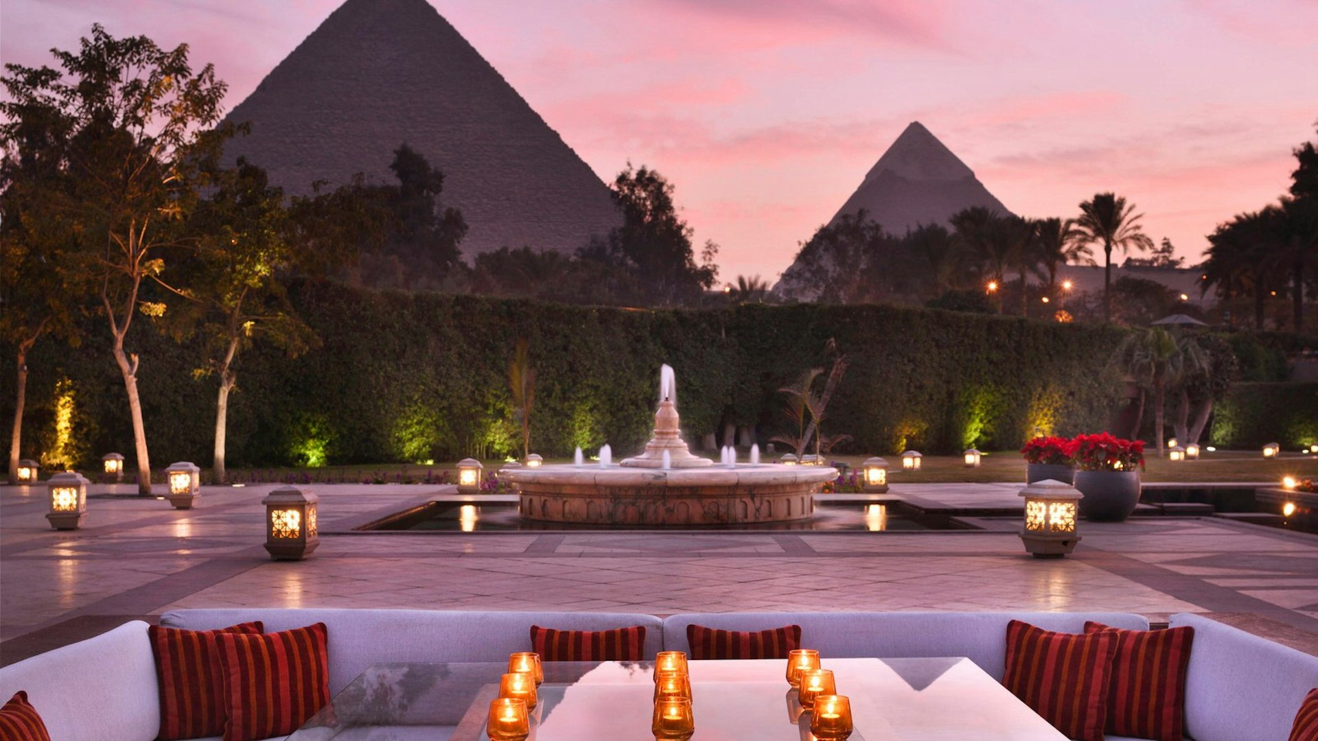 View of the Pyramids of Giza from the bar at Mena House Hotel, Giza, Cairo, Egypt