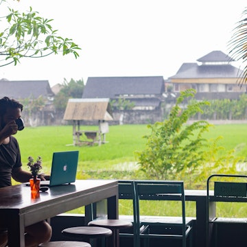 Views of green rice fields from the co-working space at District