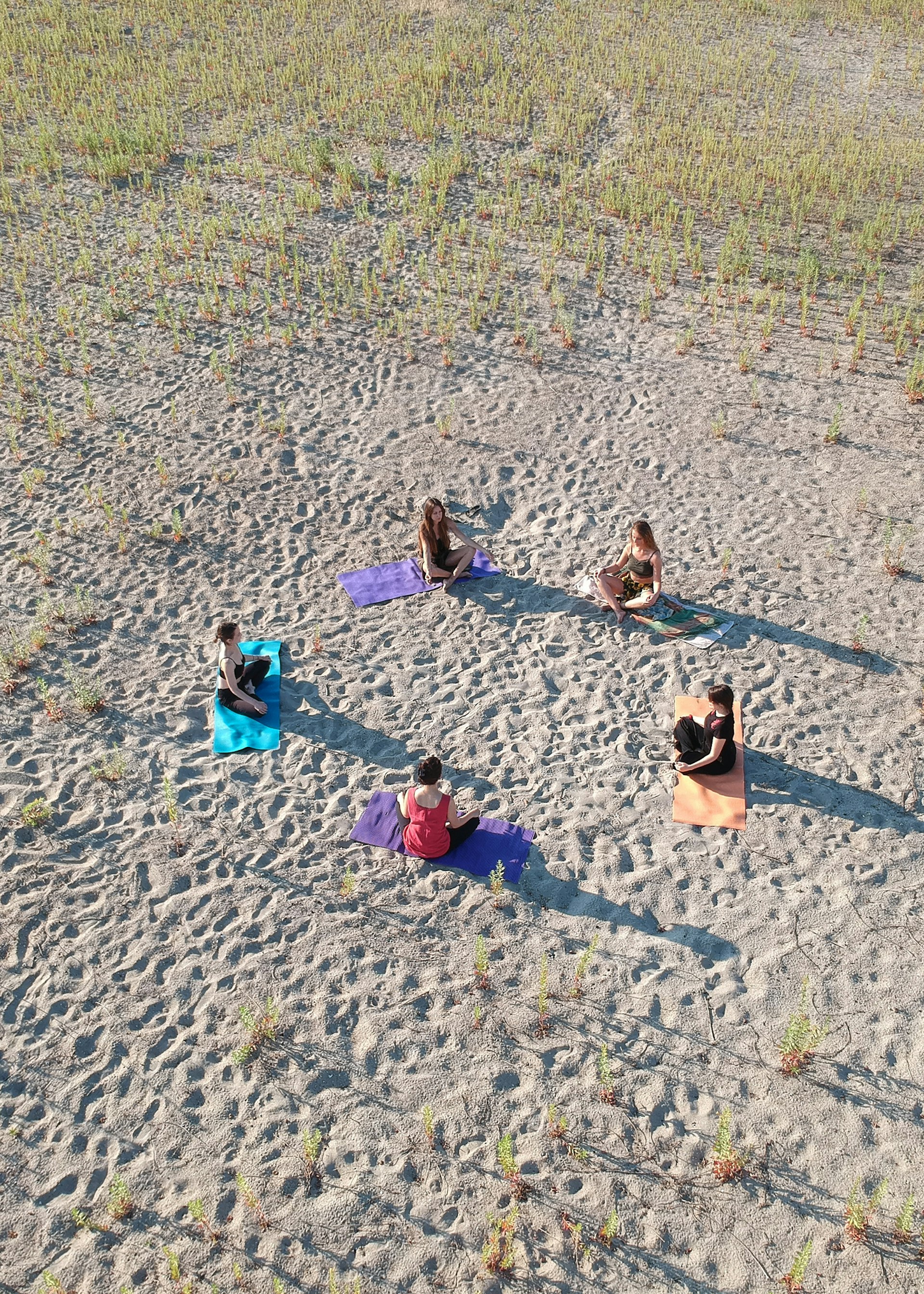 Aerial view of an outdoor yoga class