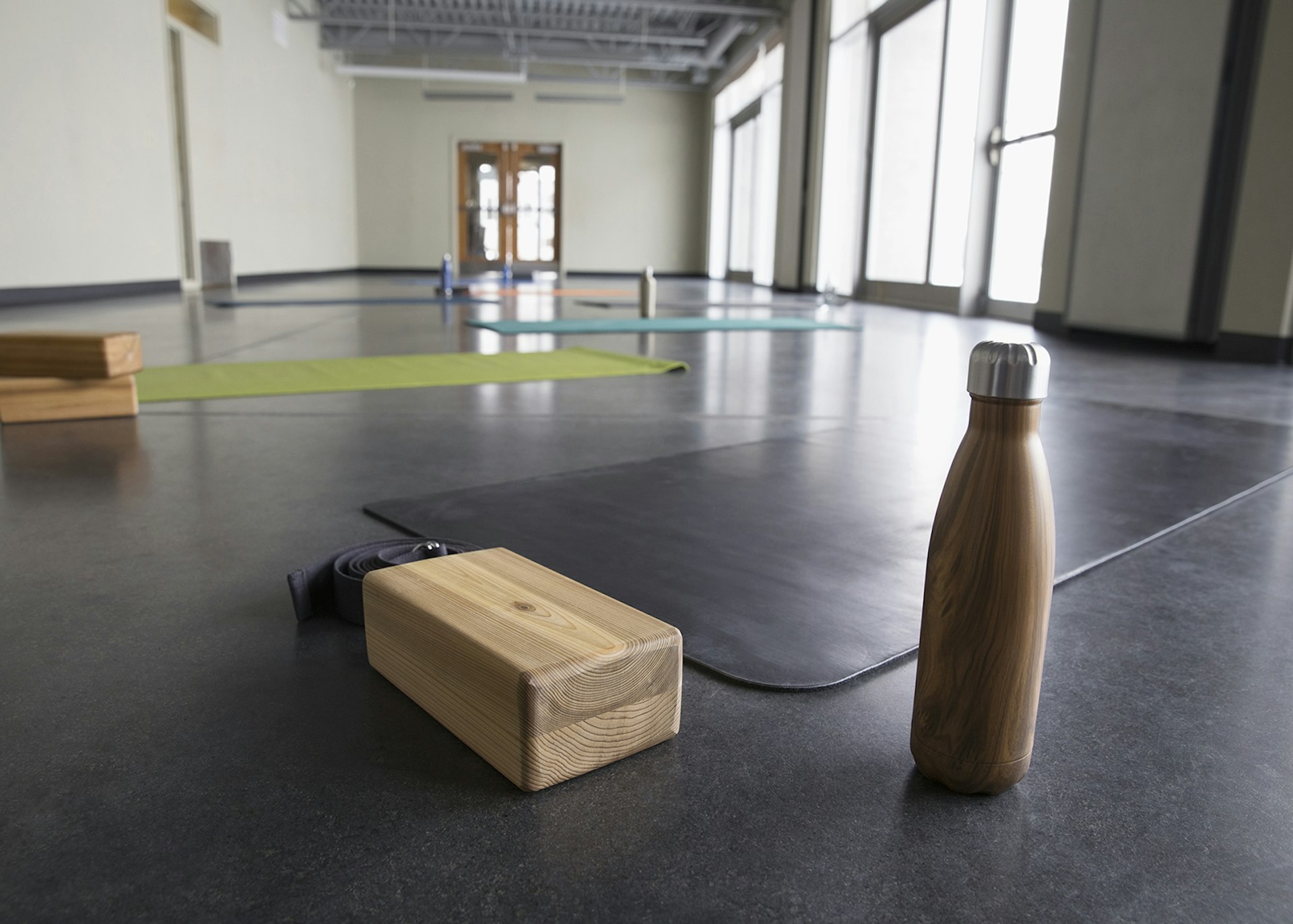 Yoga mats and blocks in a studio