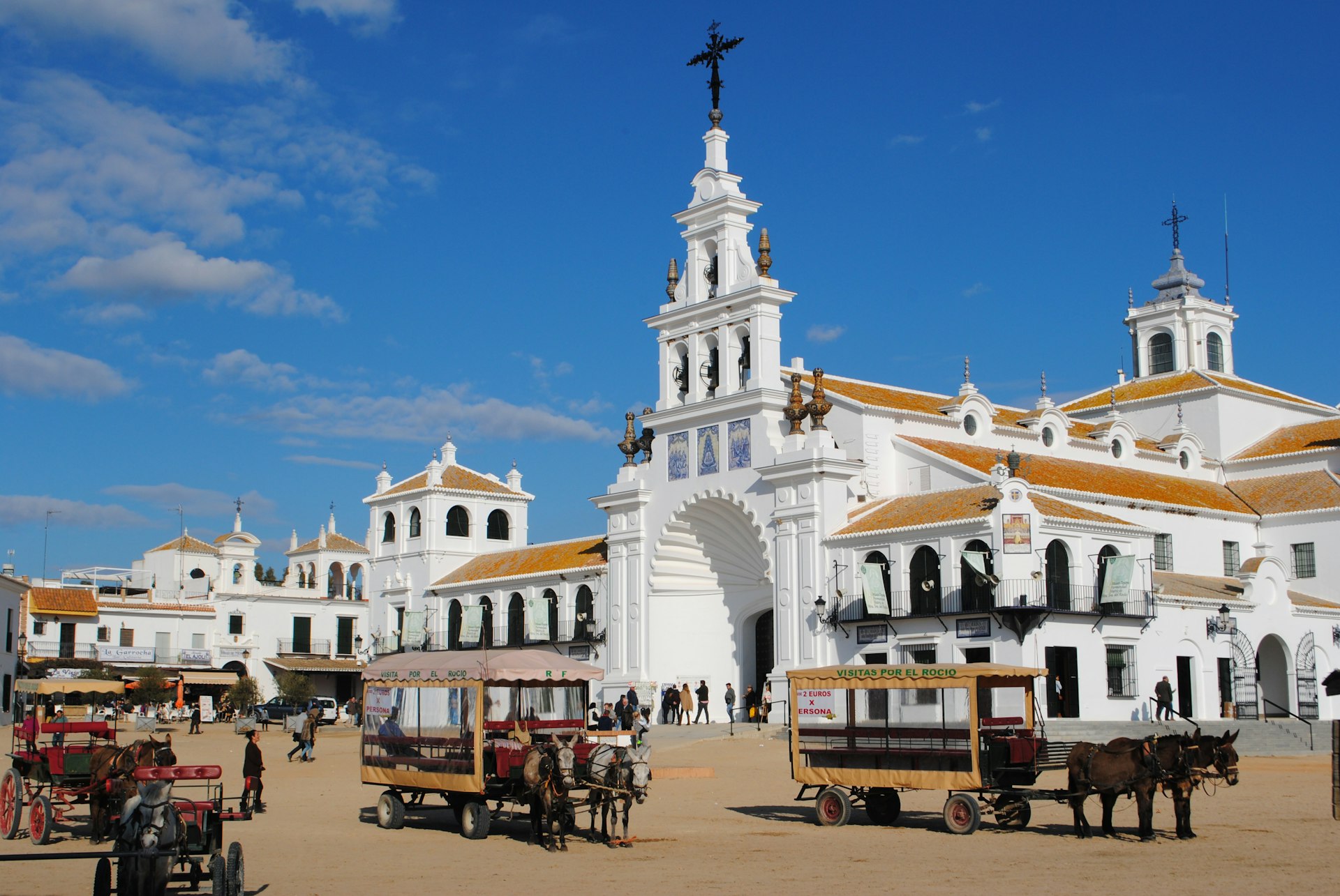 The Ermita del Rocío chapel sits at the heart of El Rocío village on the edge of the Doñana marshes and is the focus of Spain's biggest annual religious pilgrimage, the Romería del Rocío