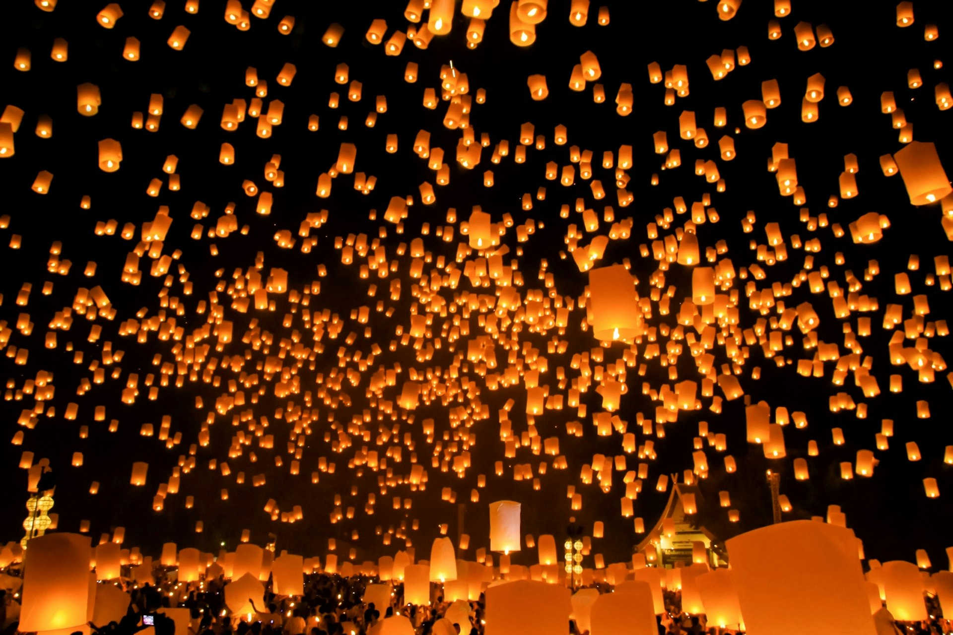 Bright lanterns light the sky in Chiang Mai for Loi Krathong