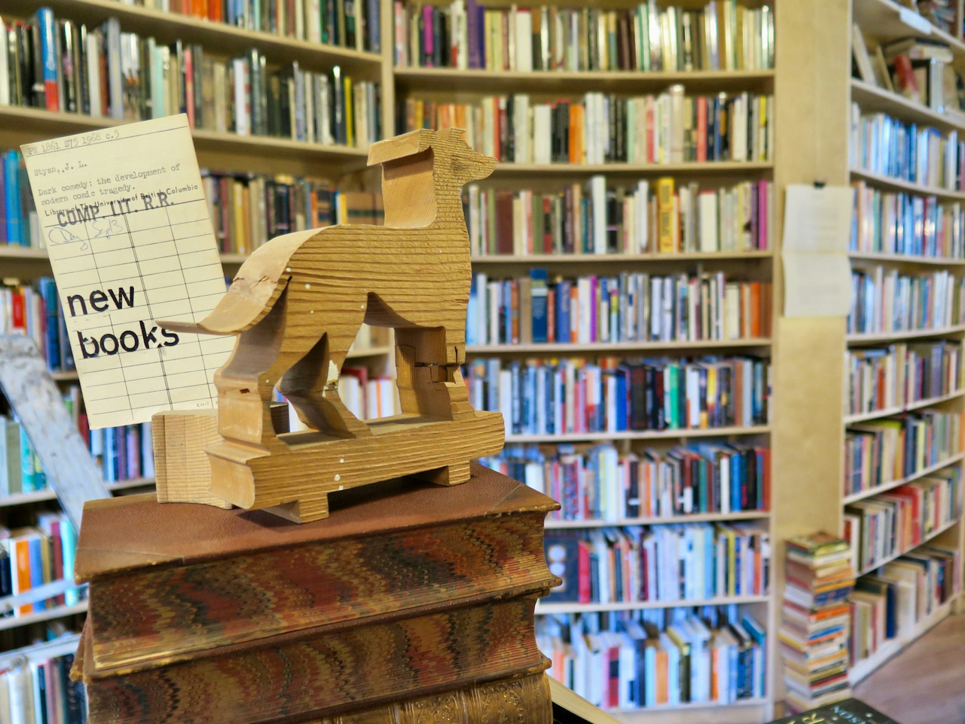 Shelves of books and a dog-shaped wooden carving inside the Paper Hound; Vancouver's best bookstores.