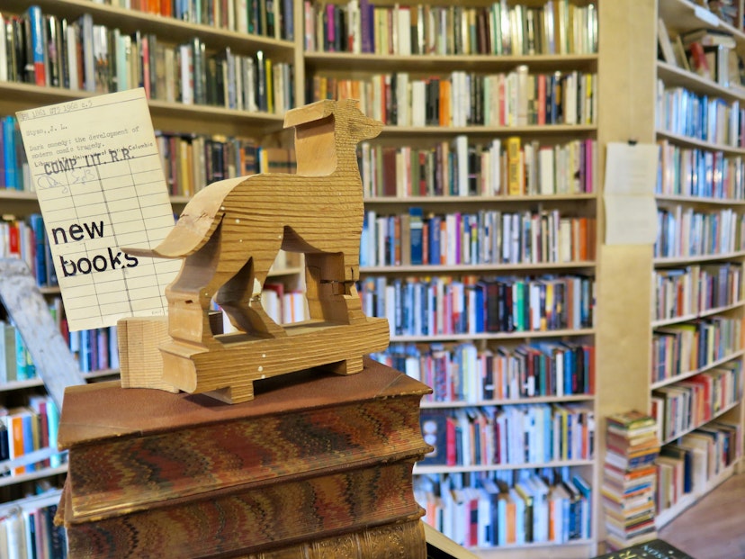 Books and a dog-shaped wooden carving inside the Paper Hound, Vancouver